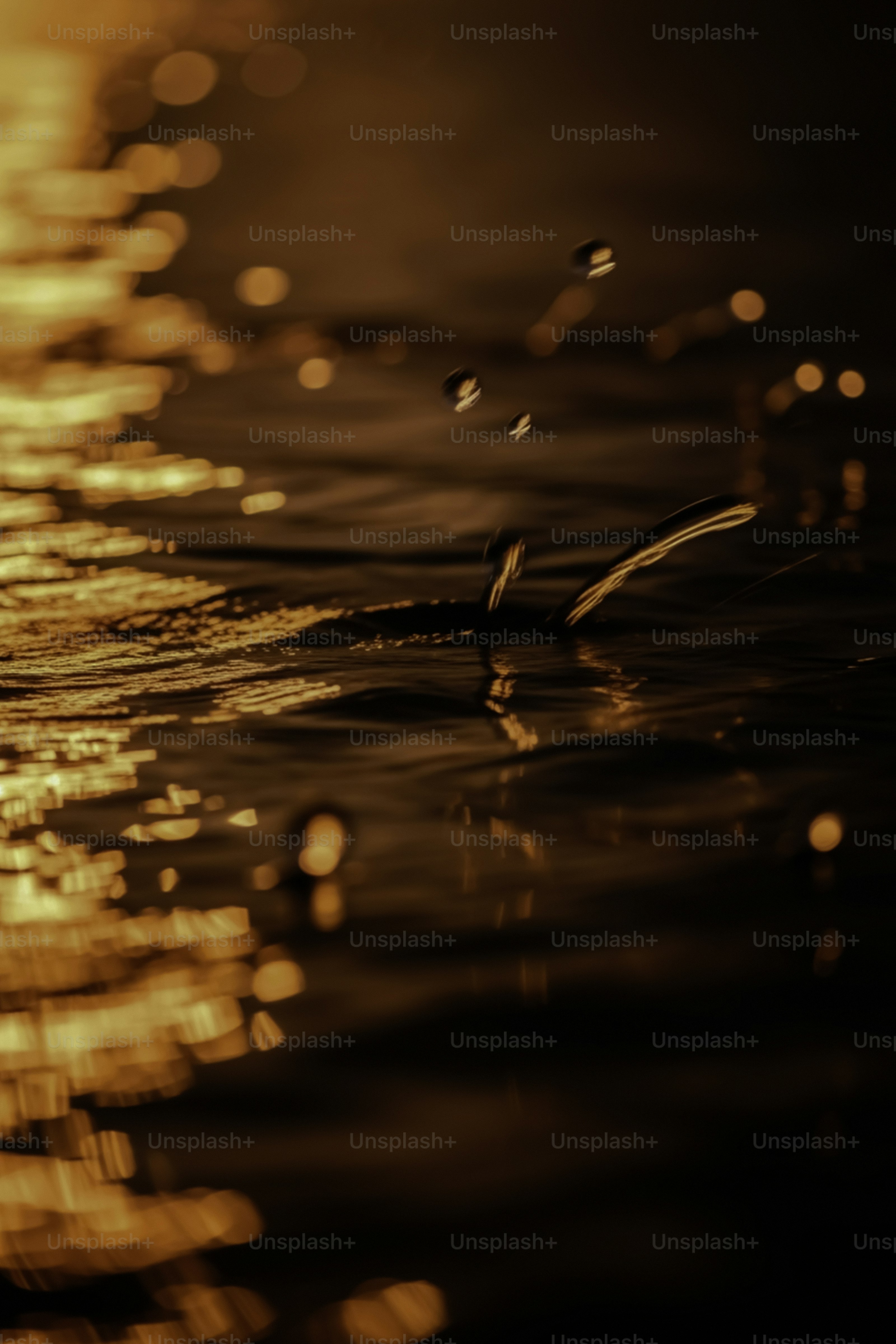 Golden water ripples with splashes at sunset