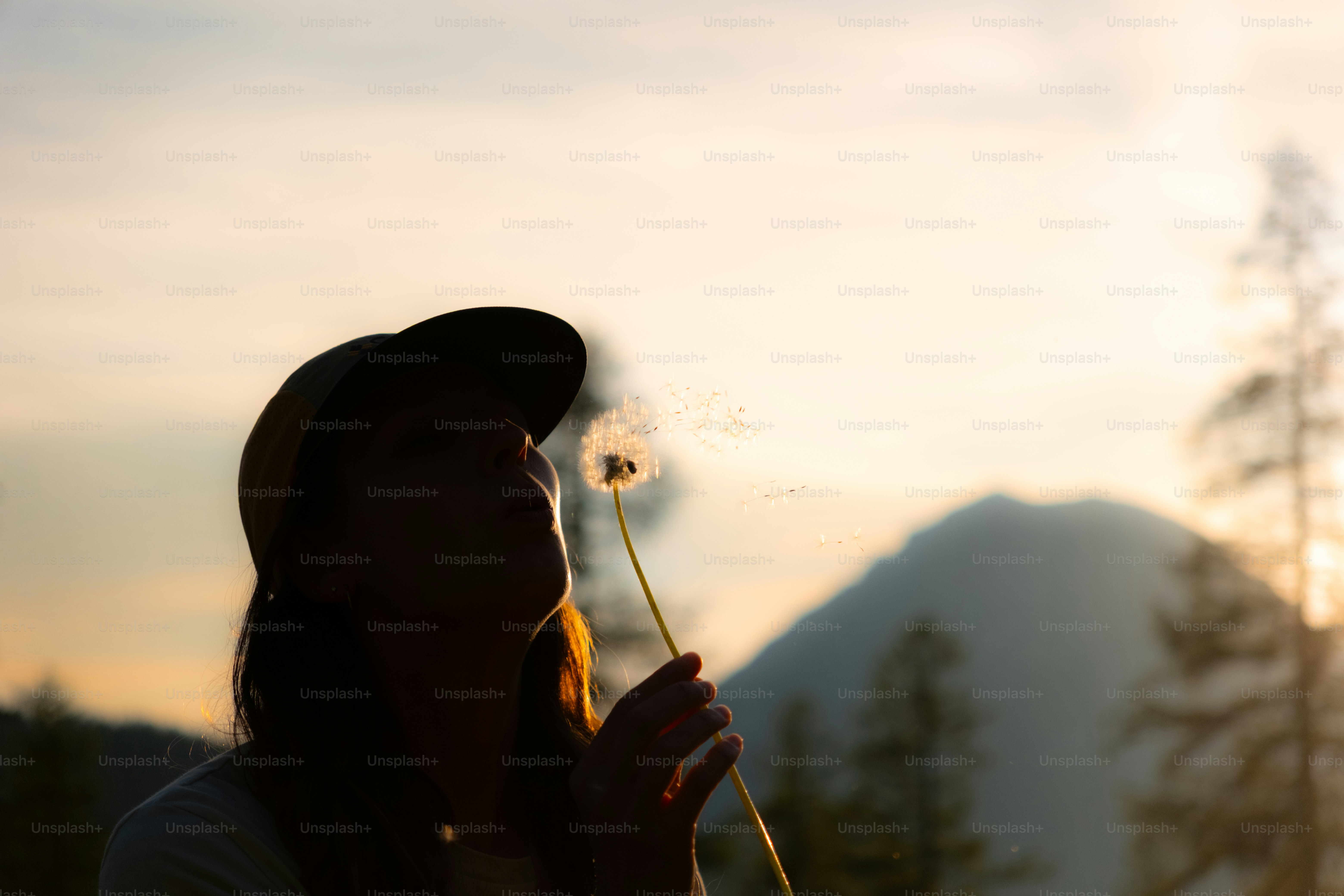 Woman blowing dandelion seeds at sunset with mountains