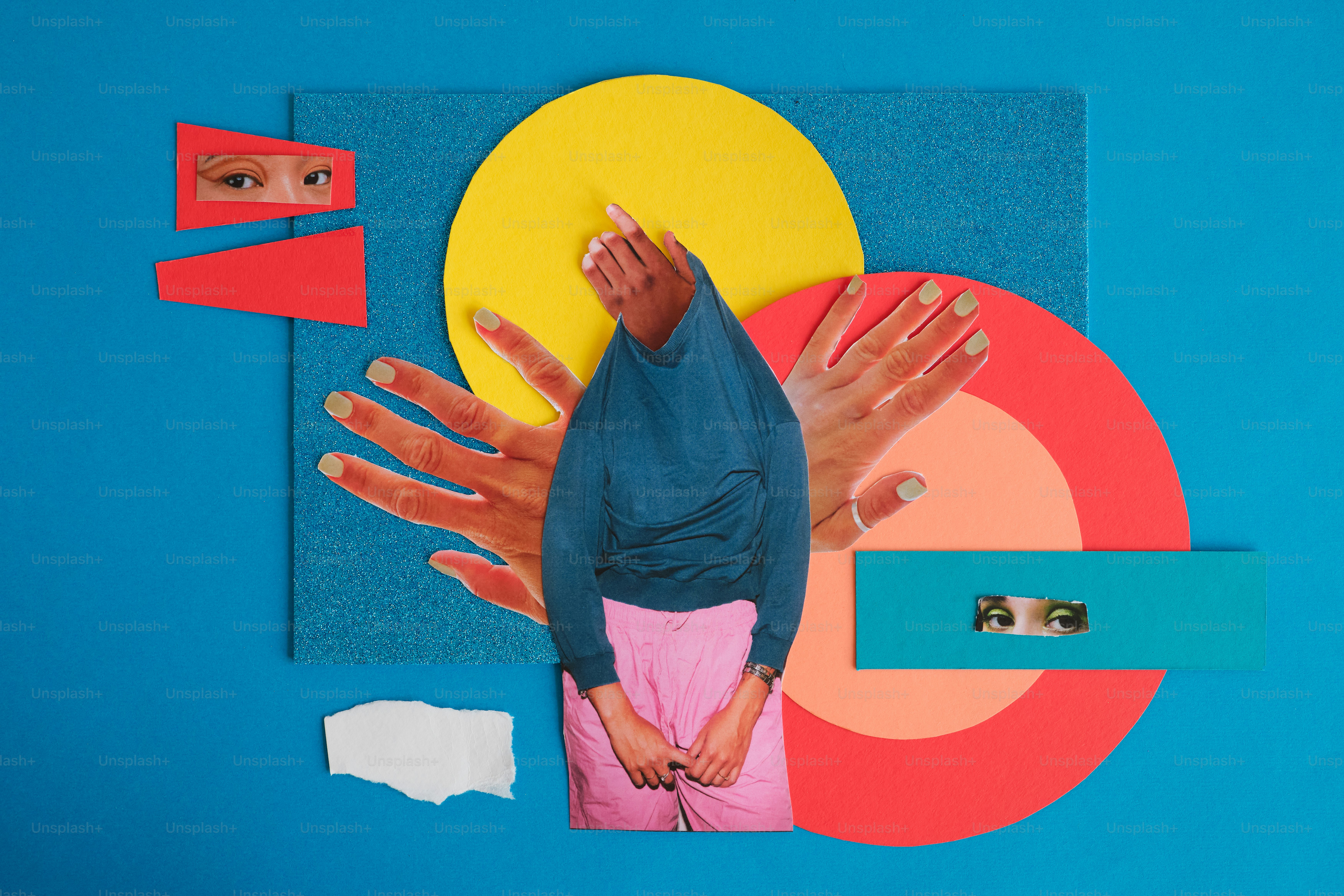Surreal collage with eyes, hands, and abstract shapes.