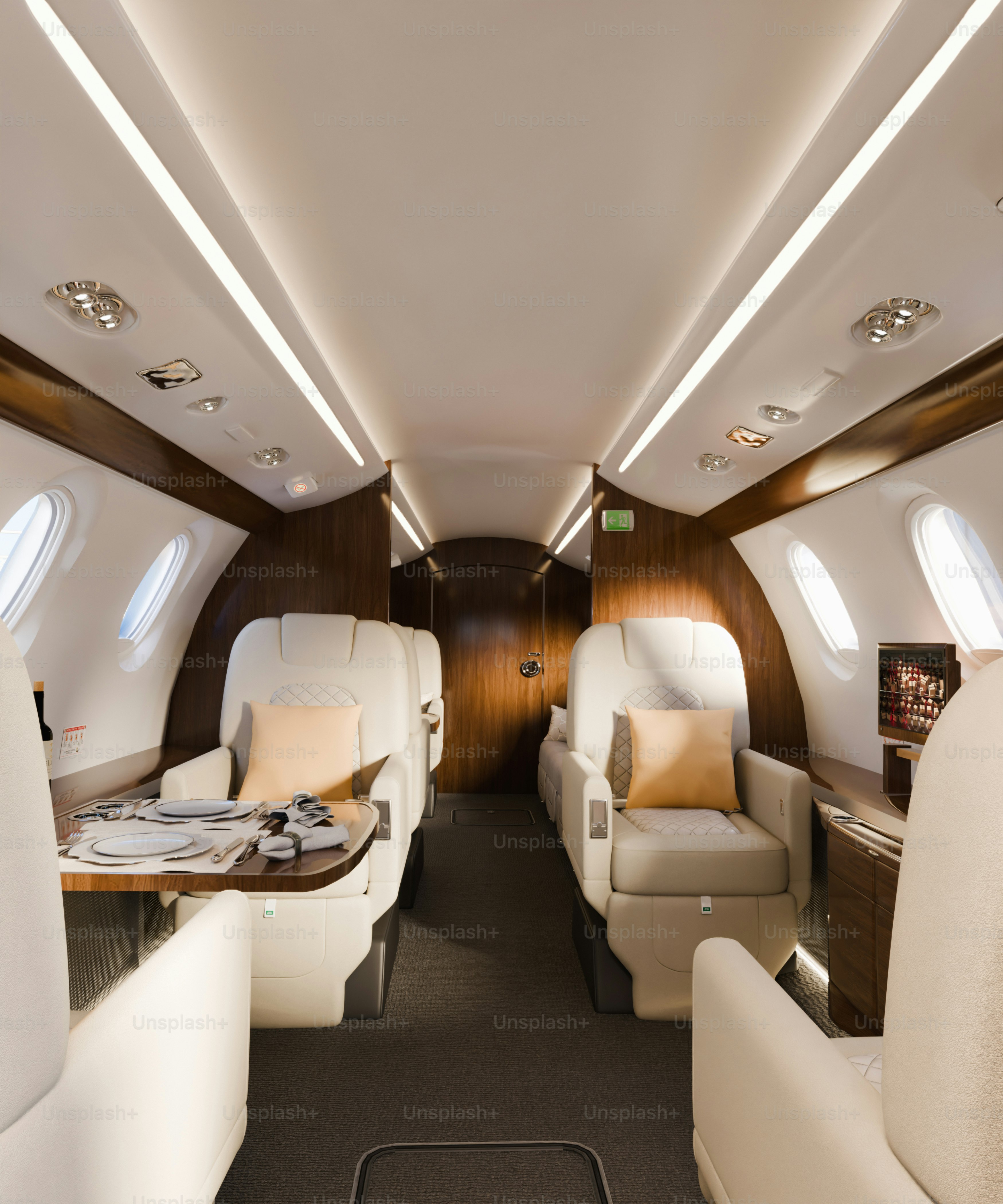 Luxurious private jet cabin with comfortable seating