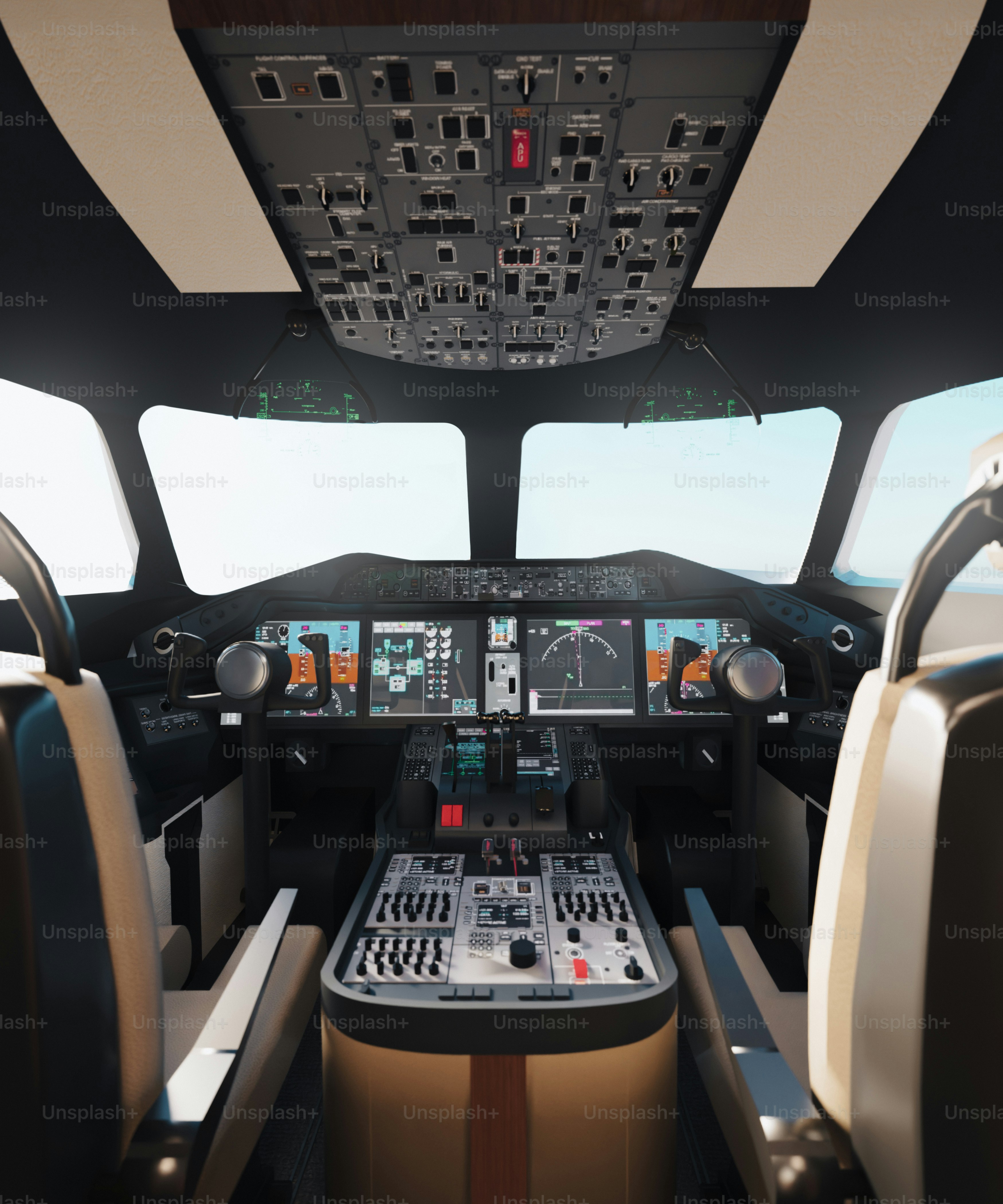 Cockpit de avião com controles e telas complexos