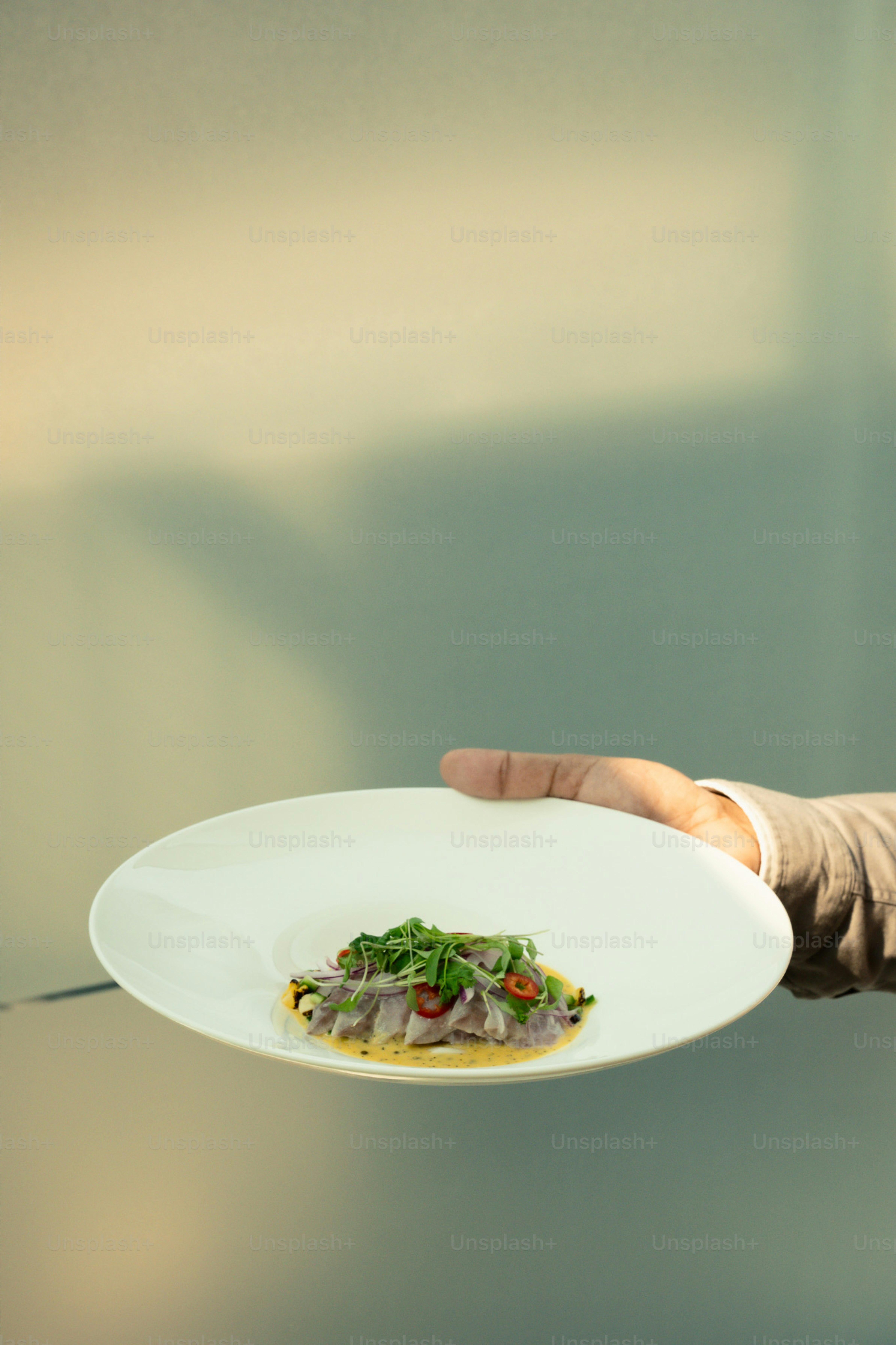 Una persona tiene un piatto bianco con il ceviche.