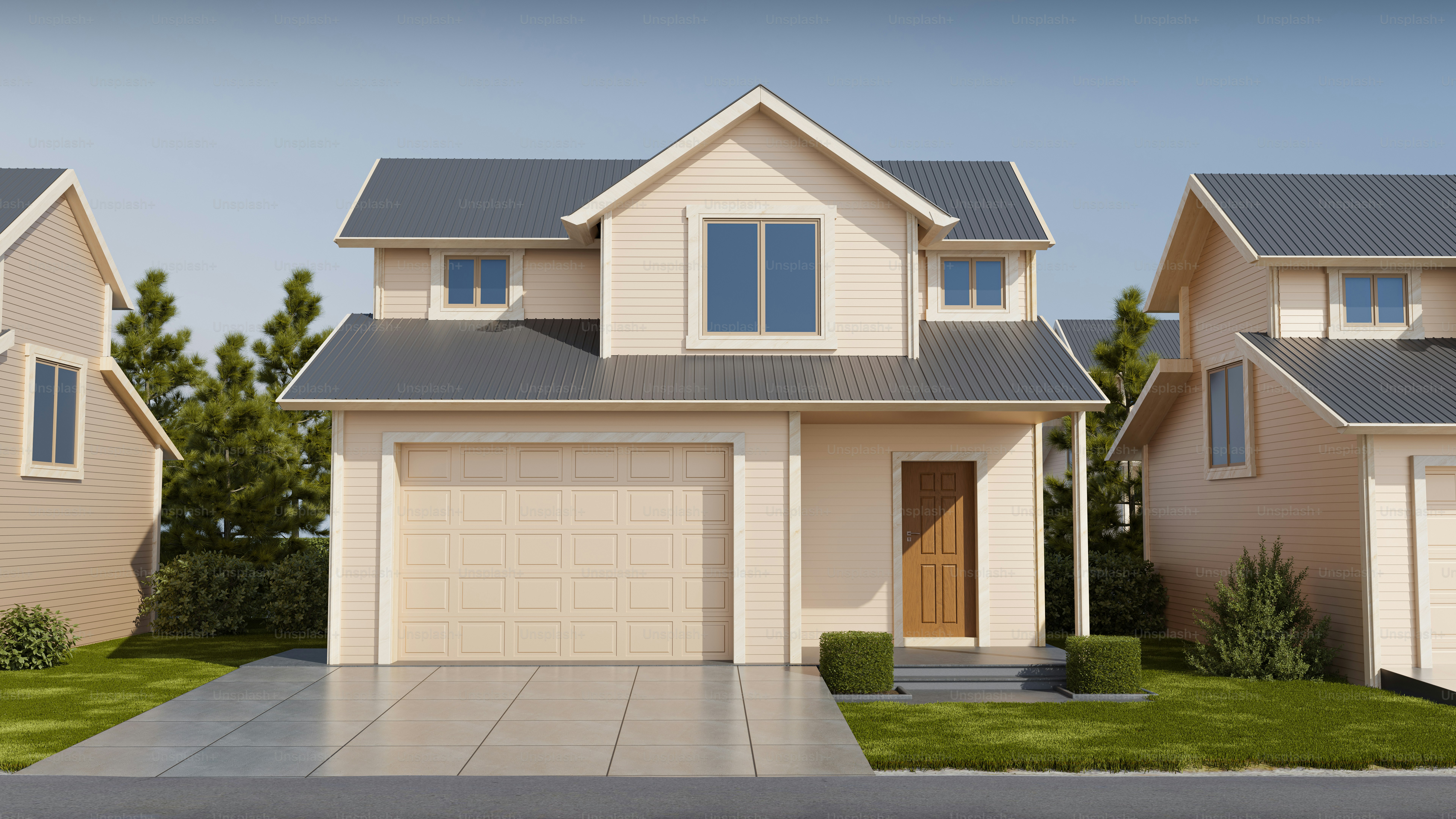 Three suburban houses with garages on a street.