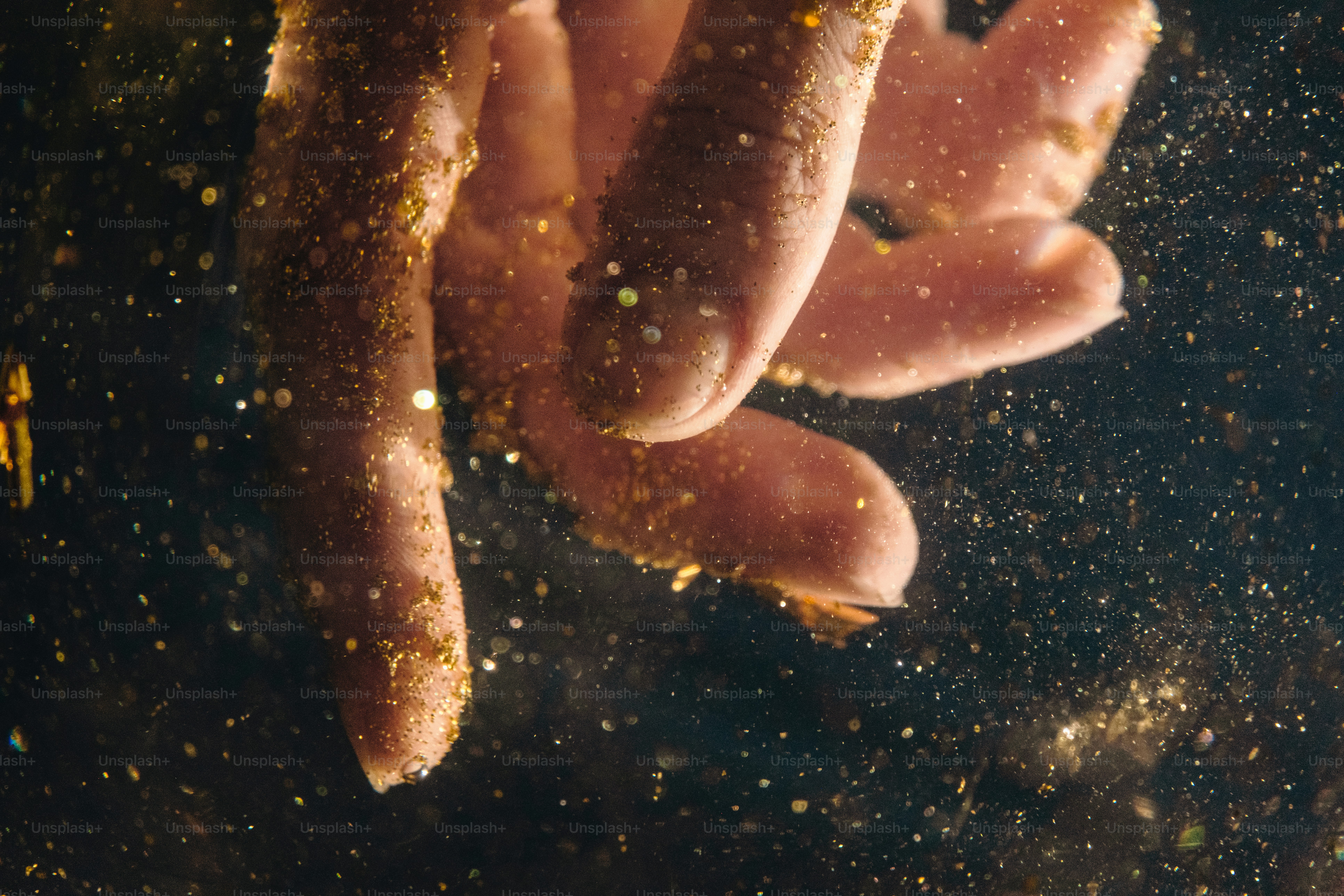 Hand reaching through glittering golden particles