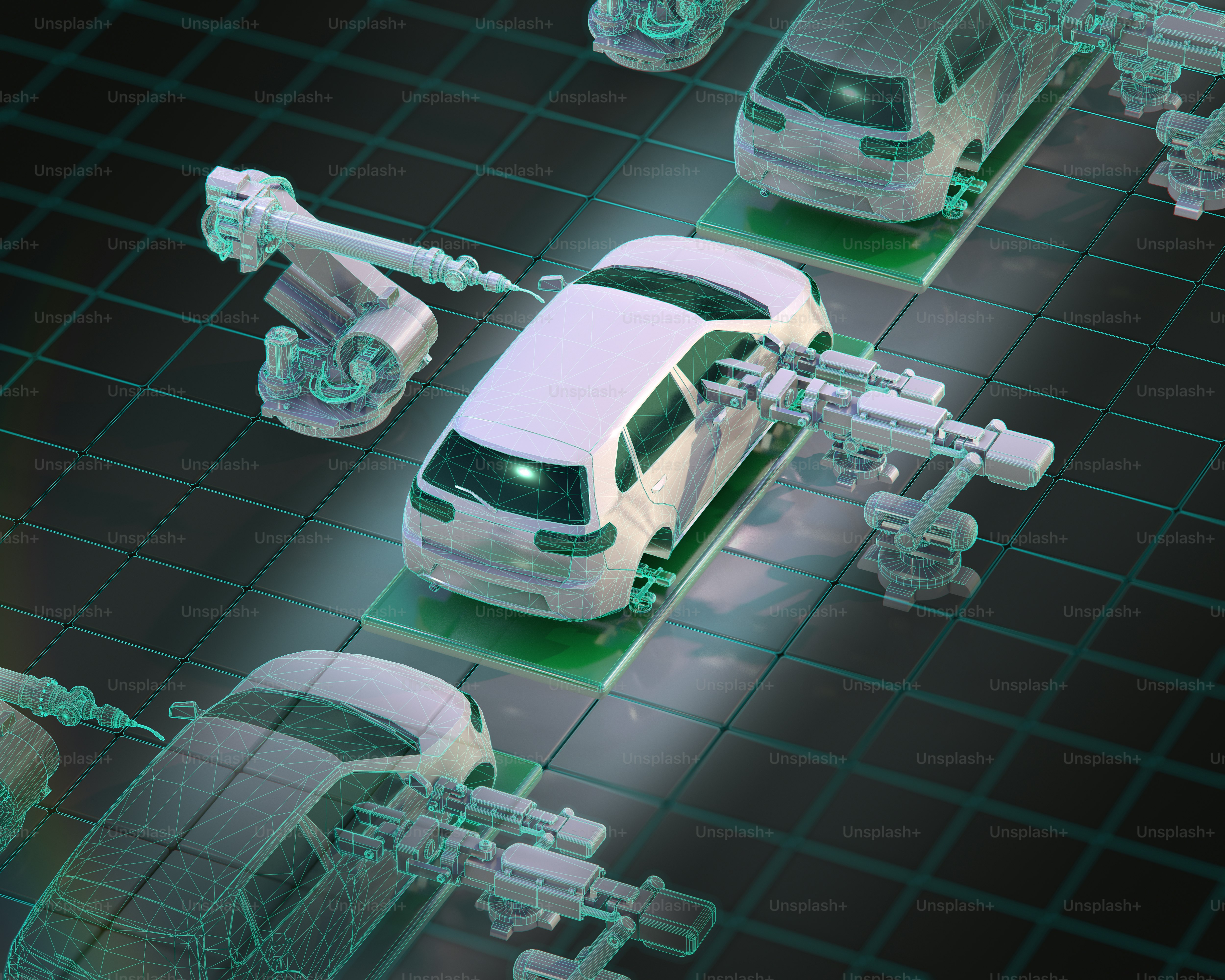 Robotic arms assemble cars on a futuristic assembly line.
