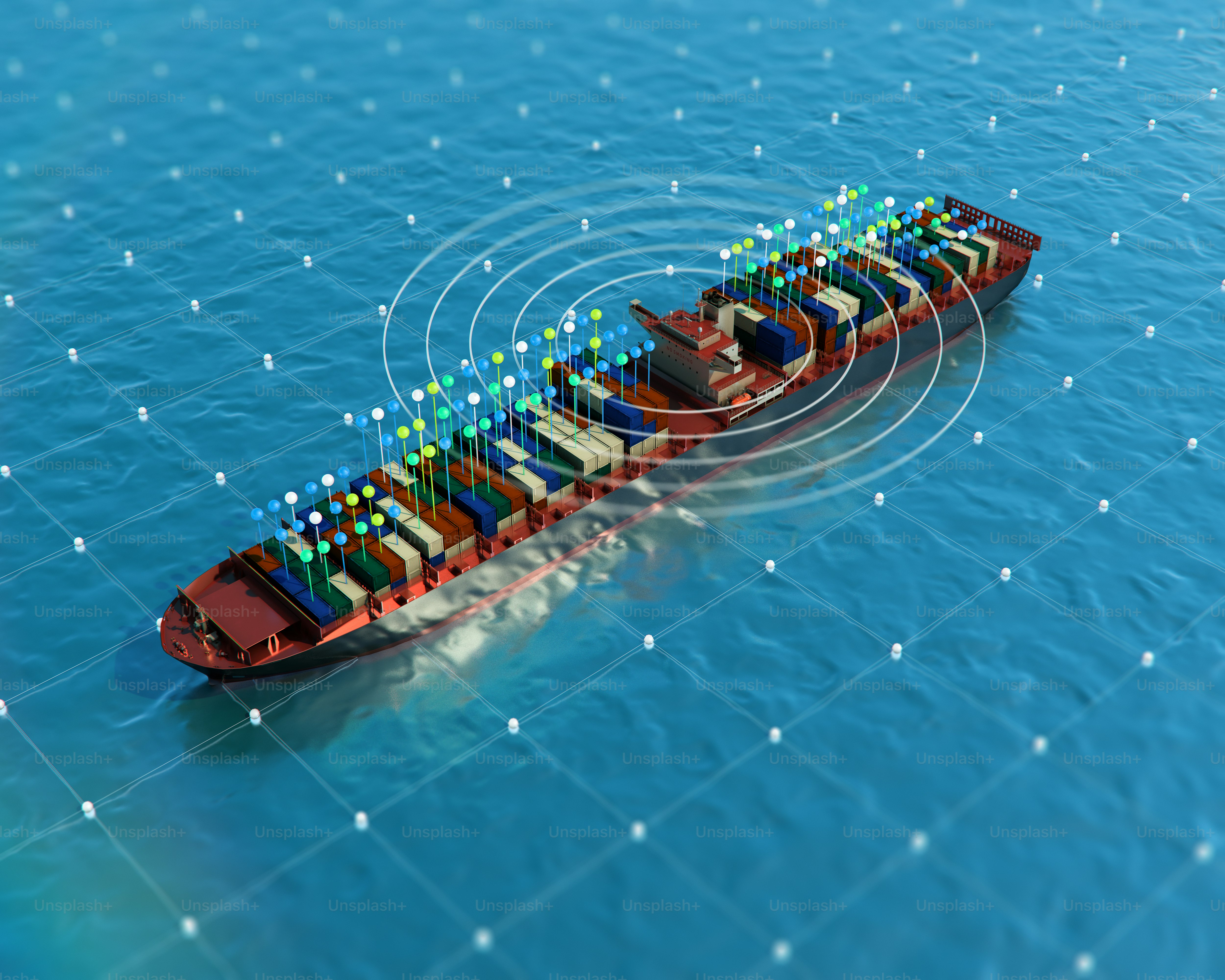 Container ship with digital network on the ocean.
