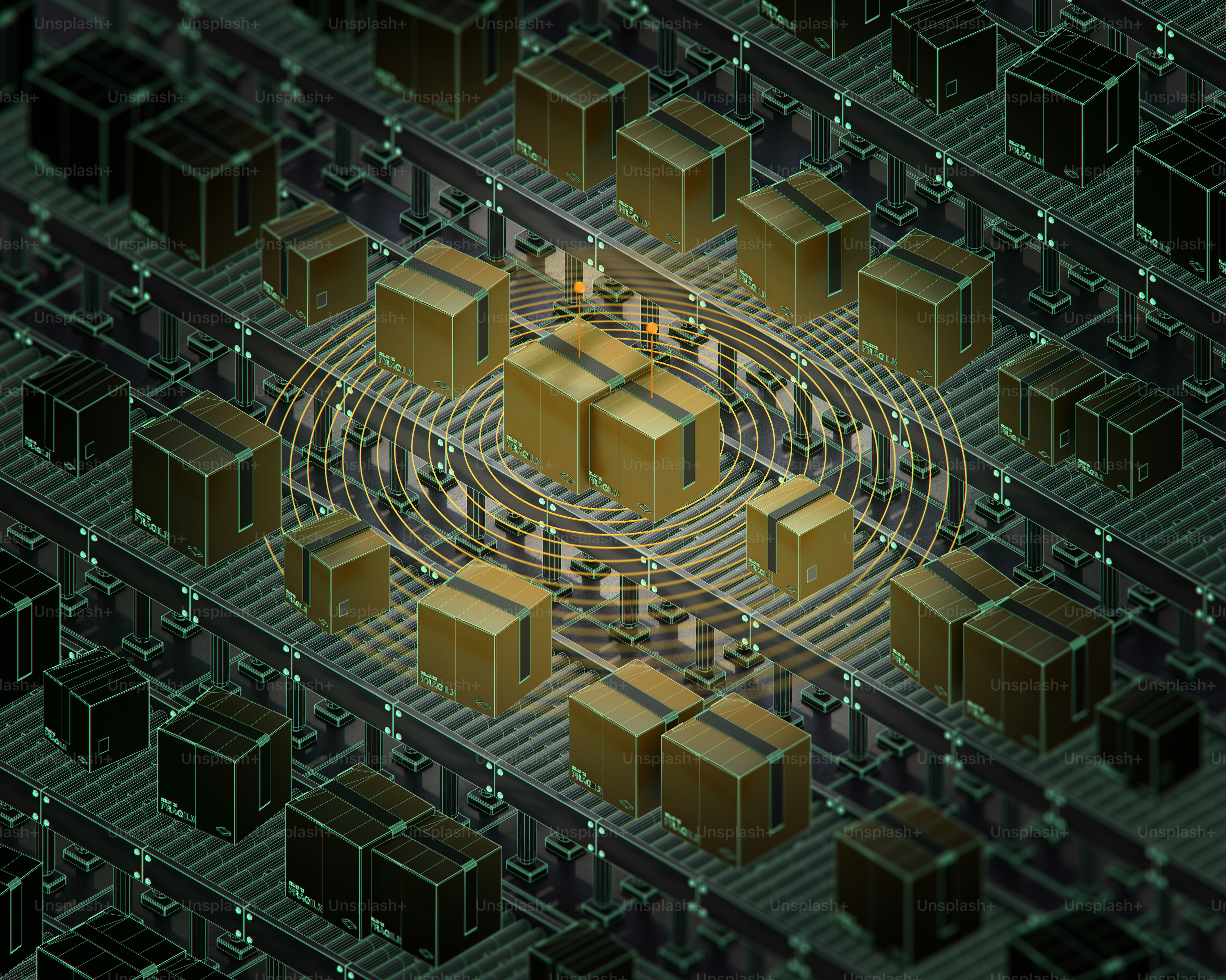 Cardboard boxes arranged on a digital grid