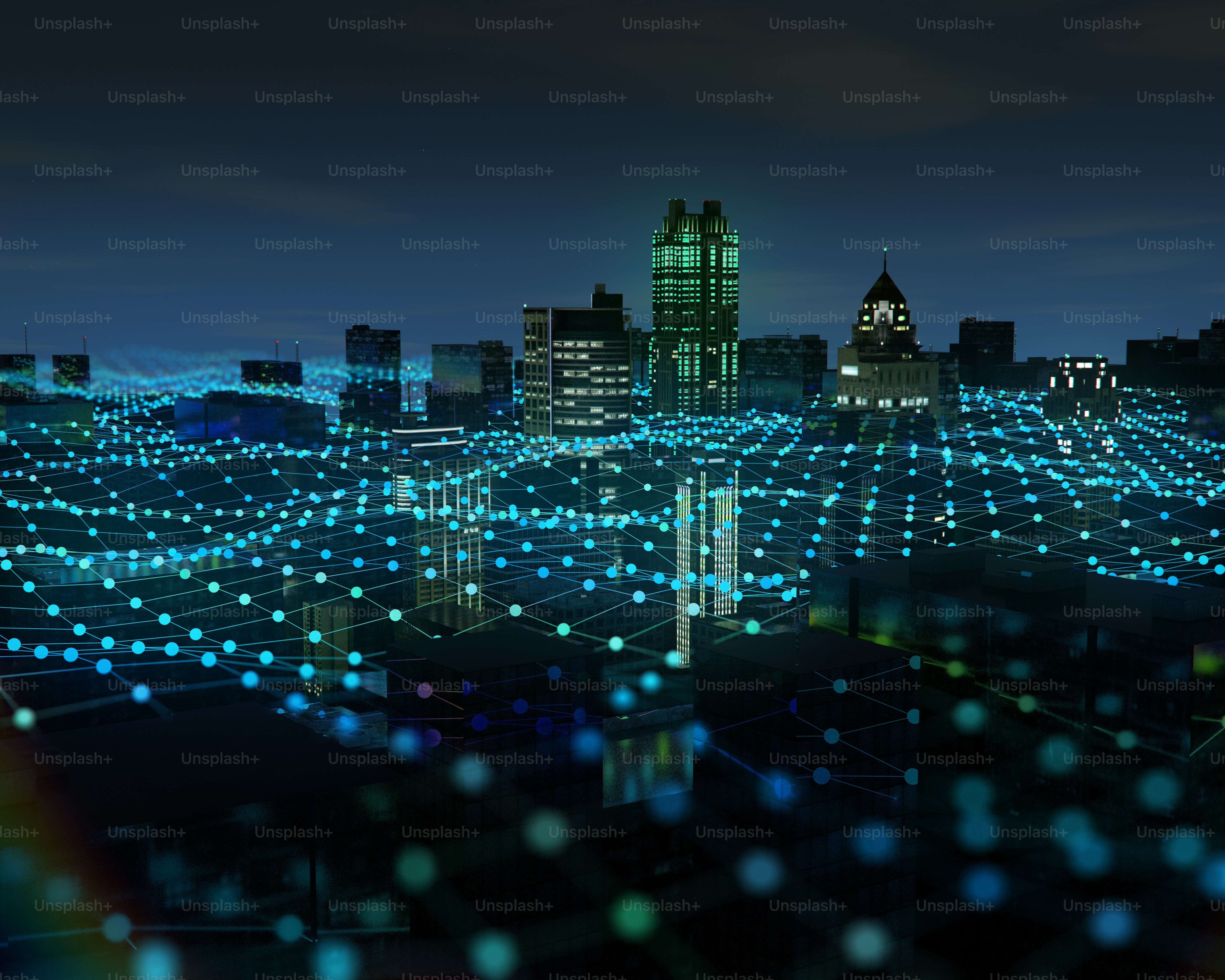 Futuristic city skyline with digital network overlay