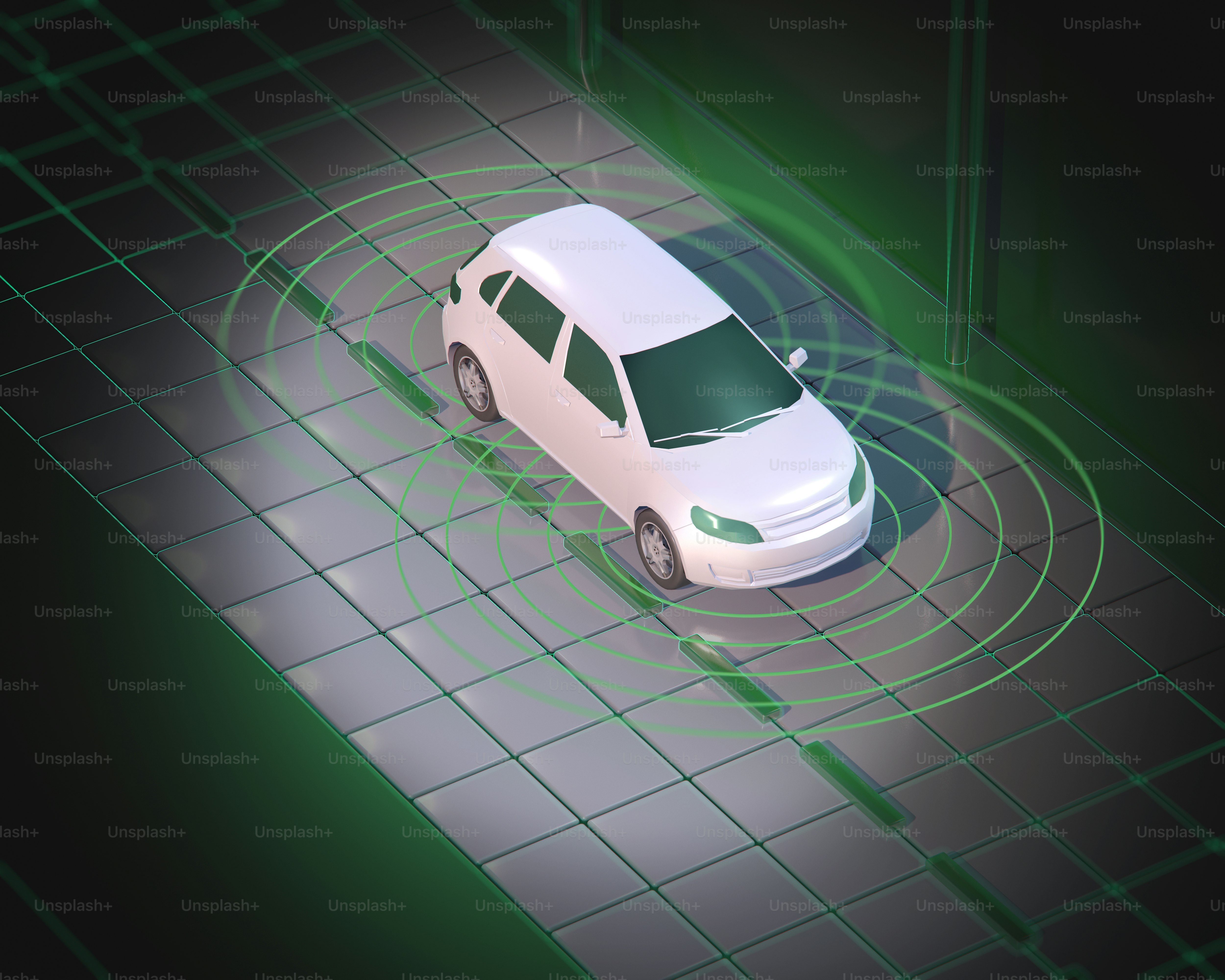 White car on a grid with sensor waves