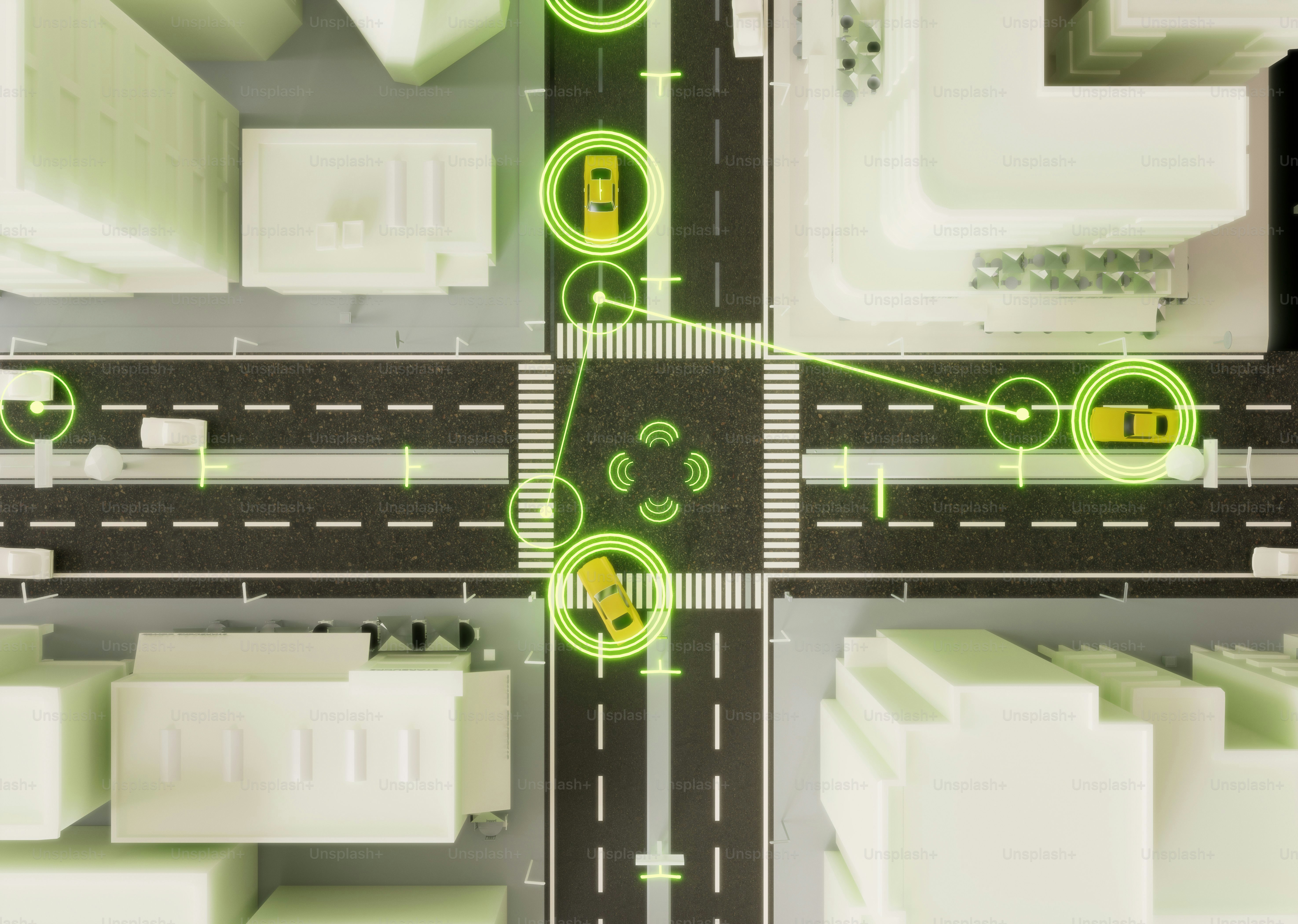 Aerial view of smart city intersection with autonomous vehicles.