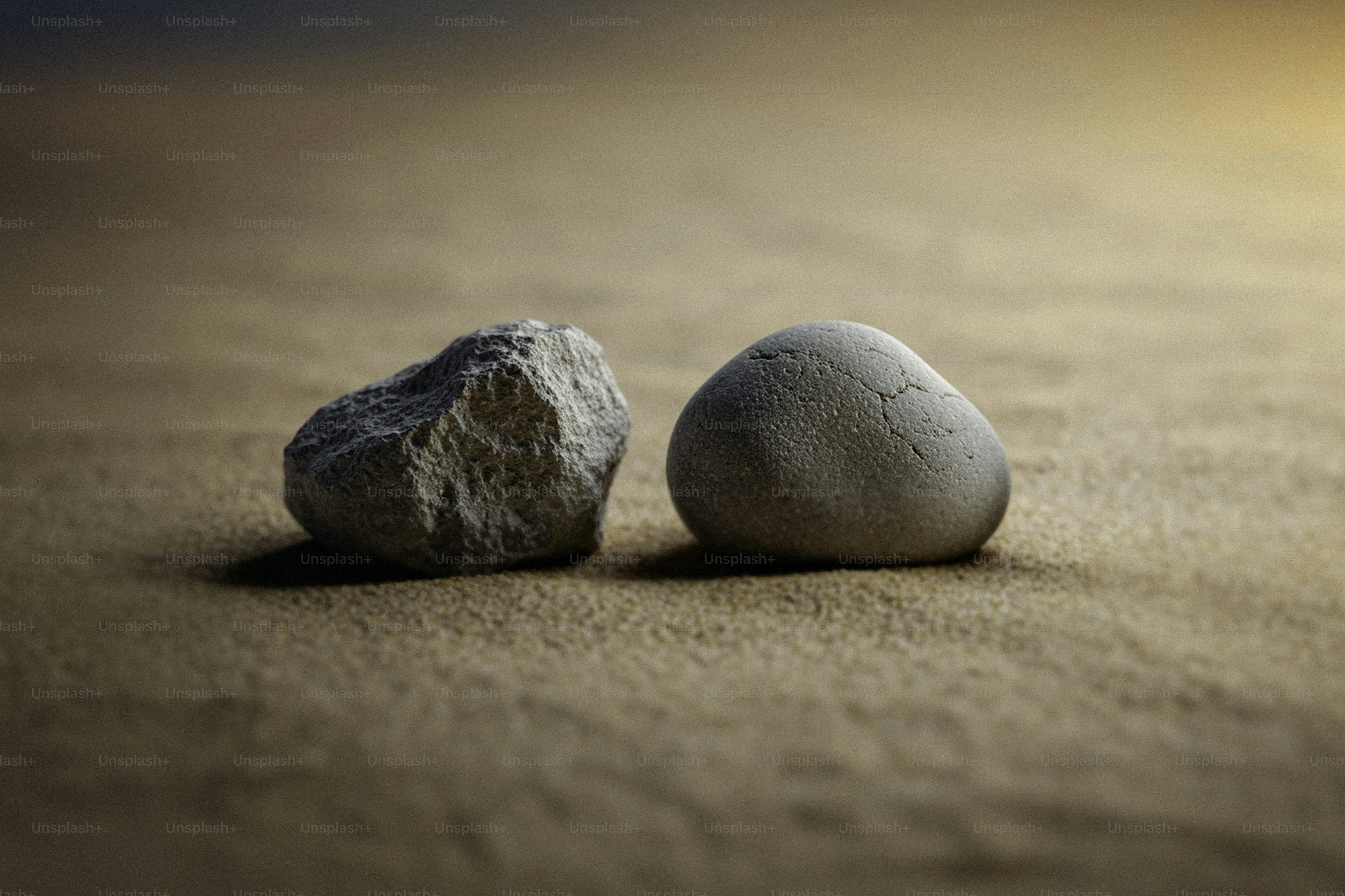 Two stones resting on a sandy surface