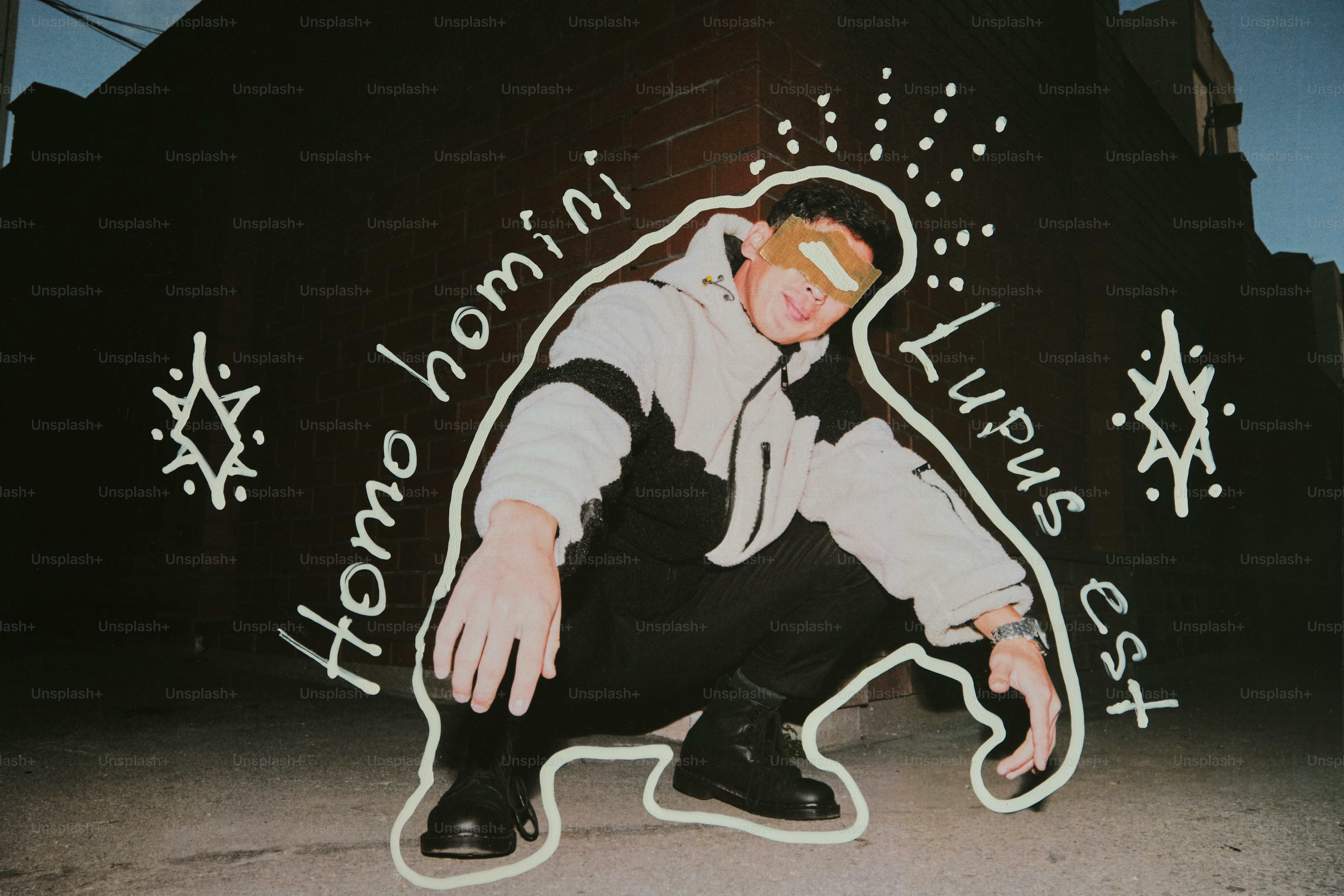 Man in tracksuit crouching near graffiti artwork