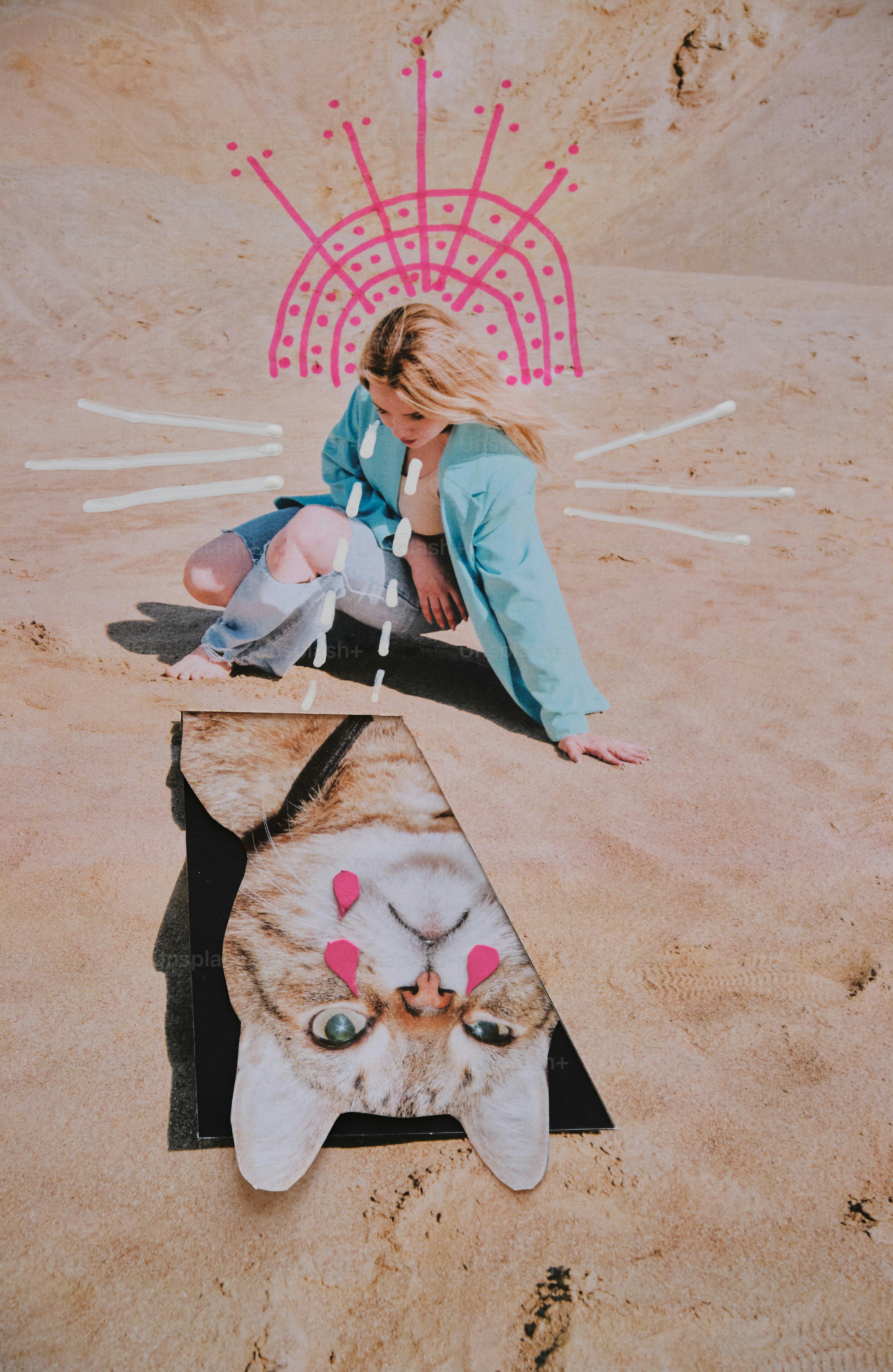 Woman with cat reflection in a desert setting