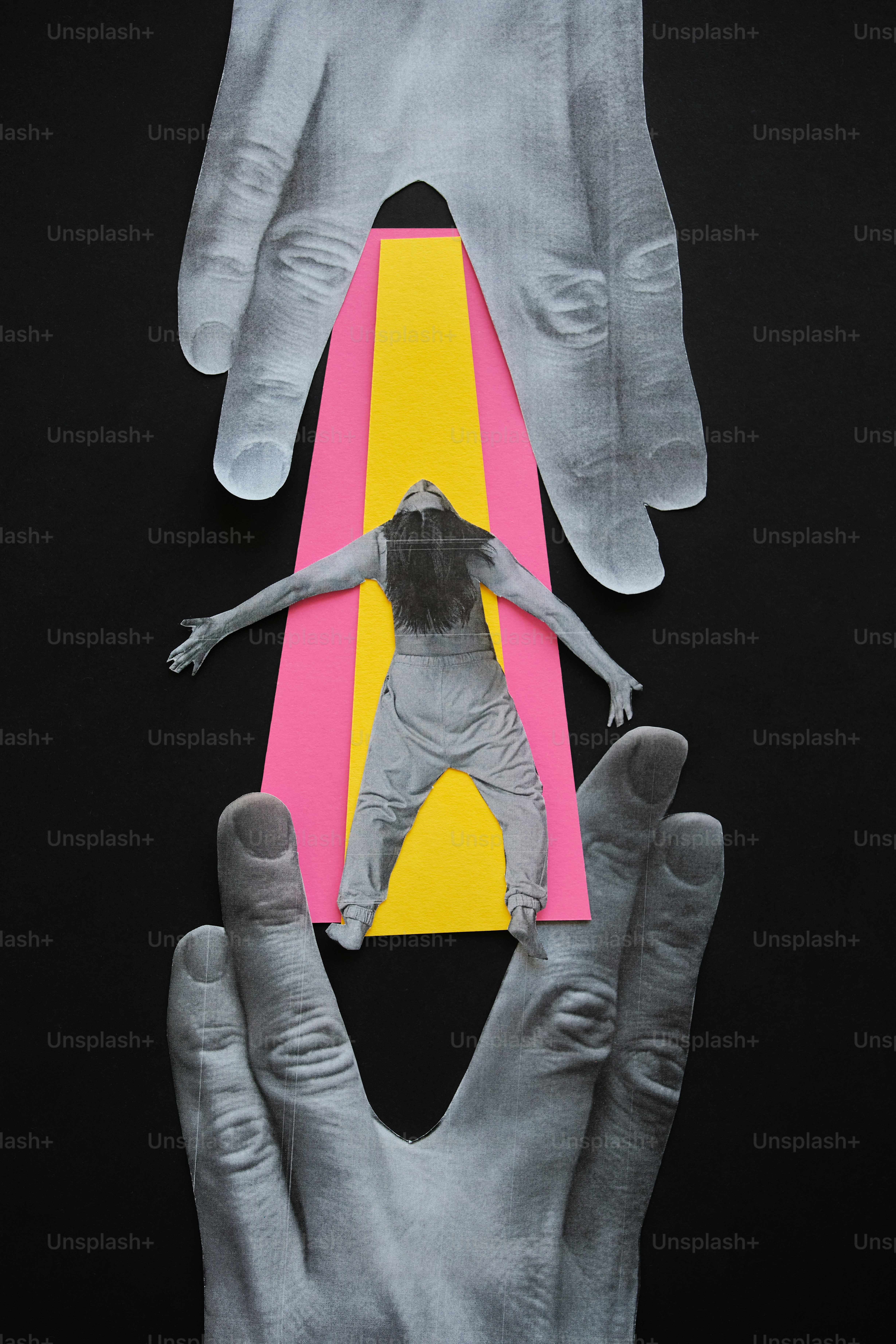 Collage of hands holding person in spotlight