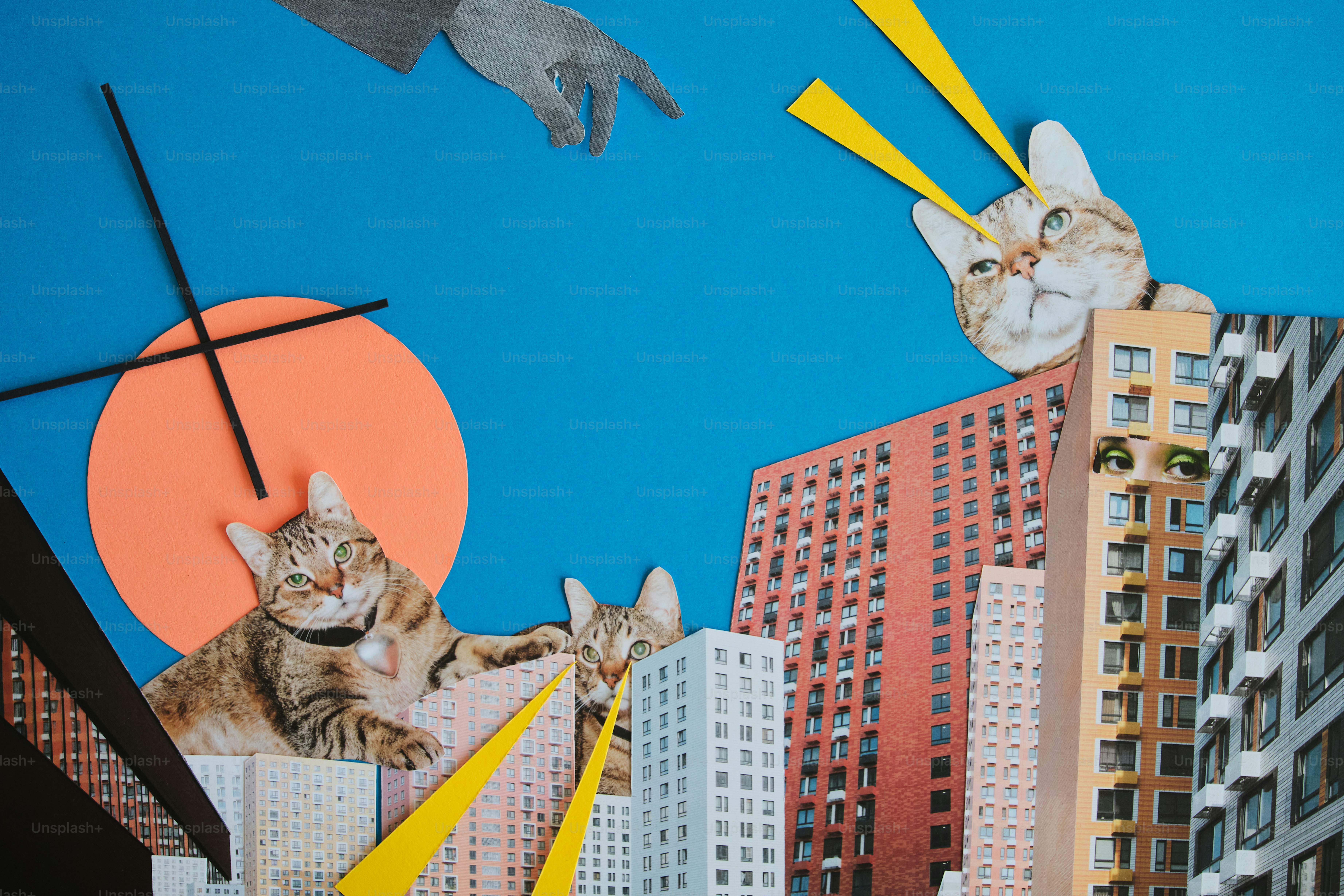 Des chats dans un paysage urbain surréaliste aux formes géométriques