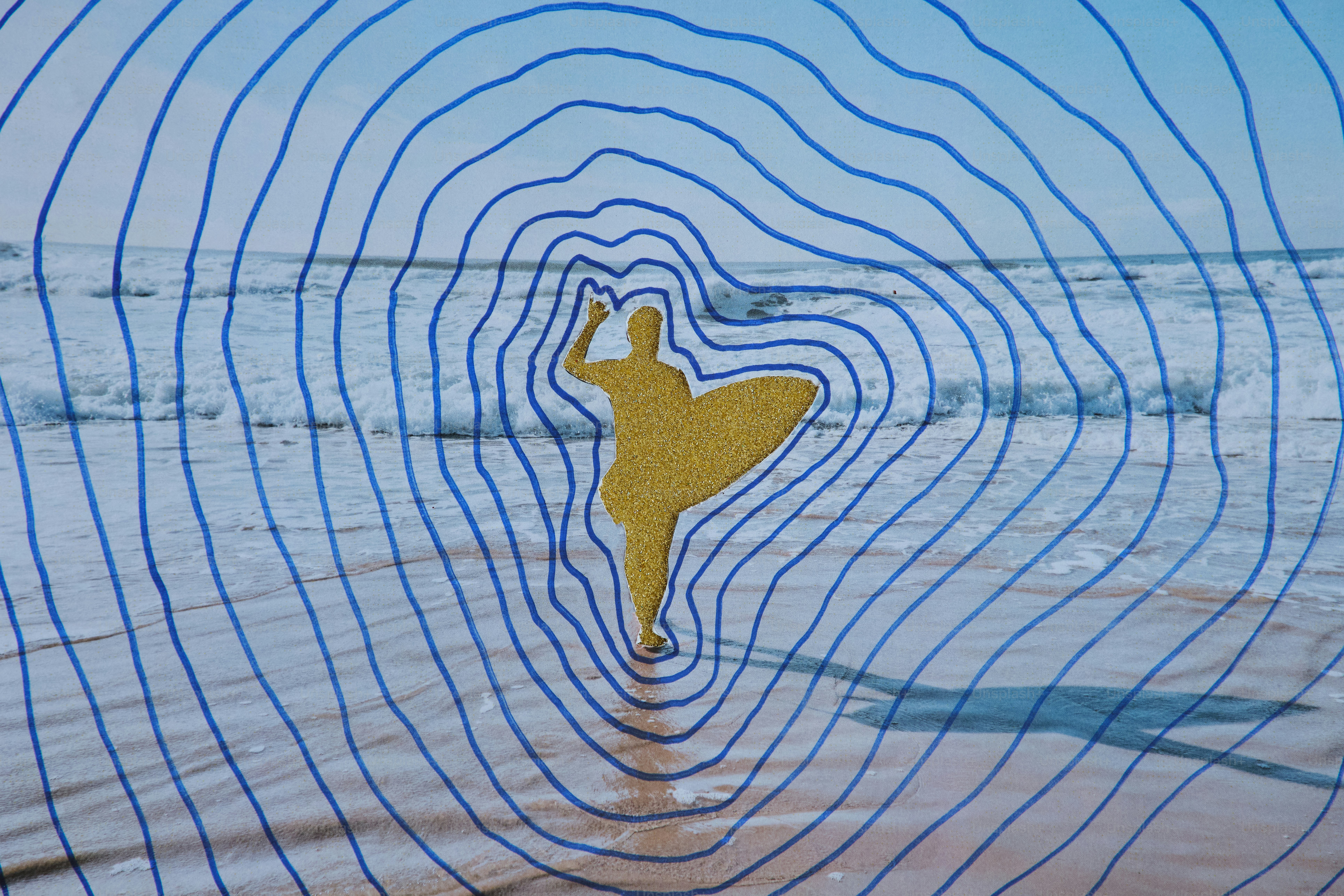 Surfer silhouette on beach with concentric blue lines