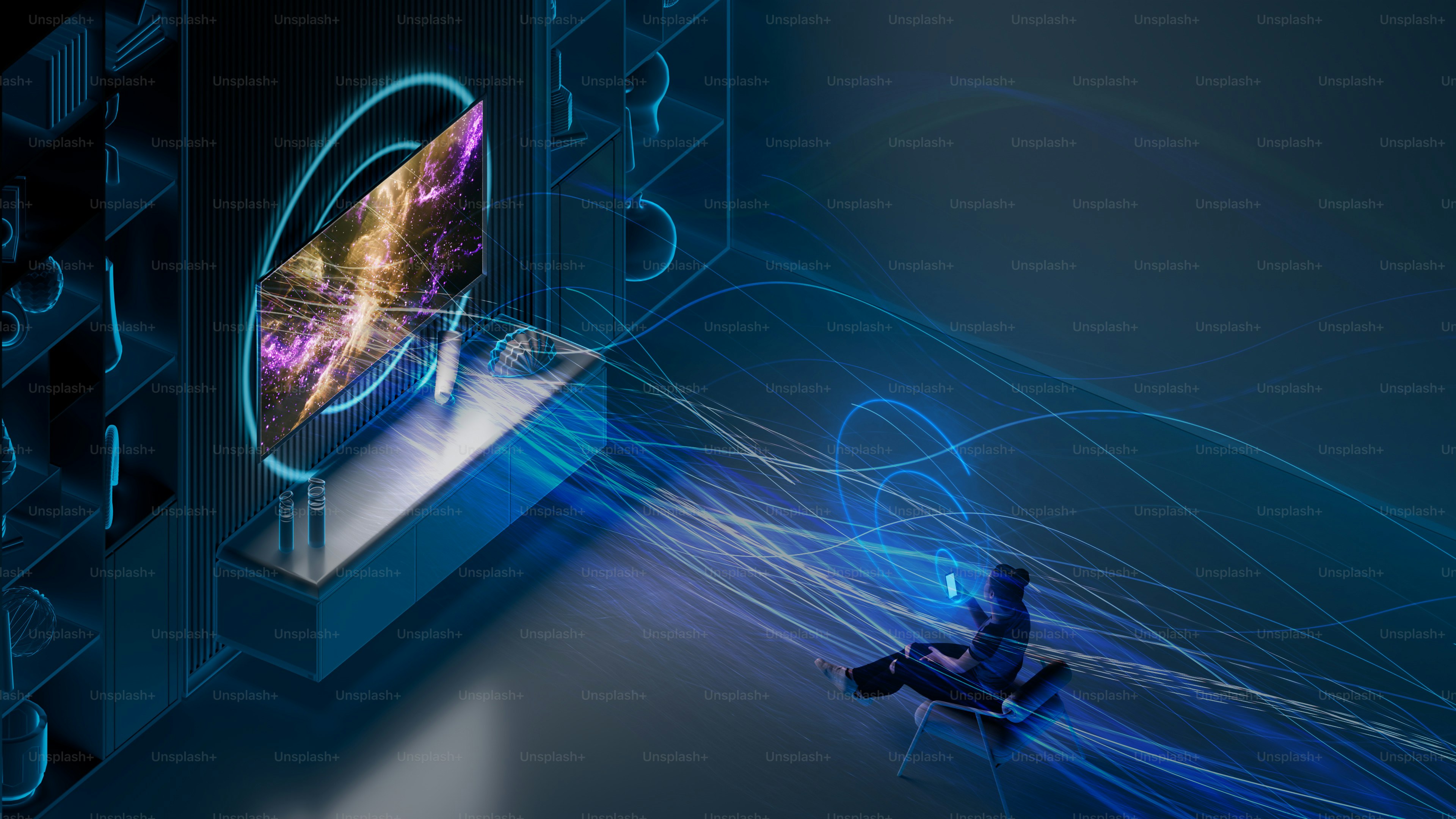 Person interacting with glowing portal and energy streams