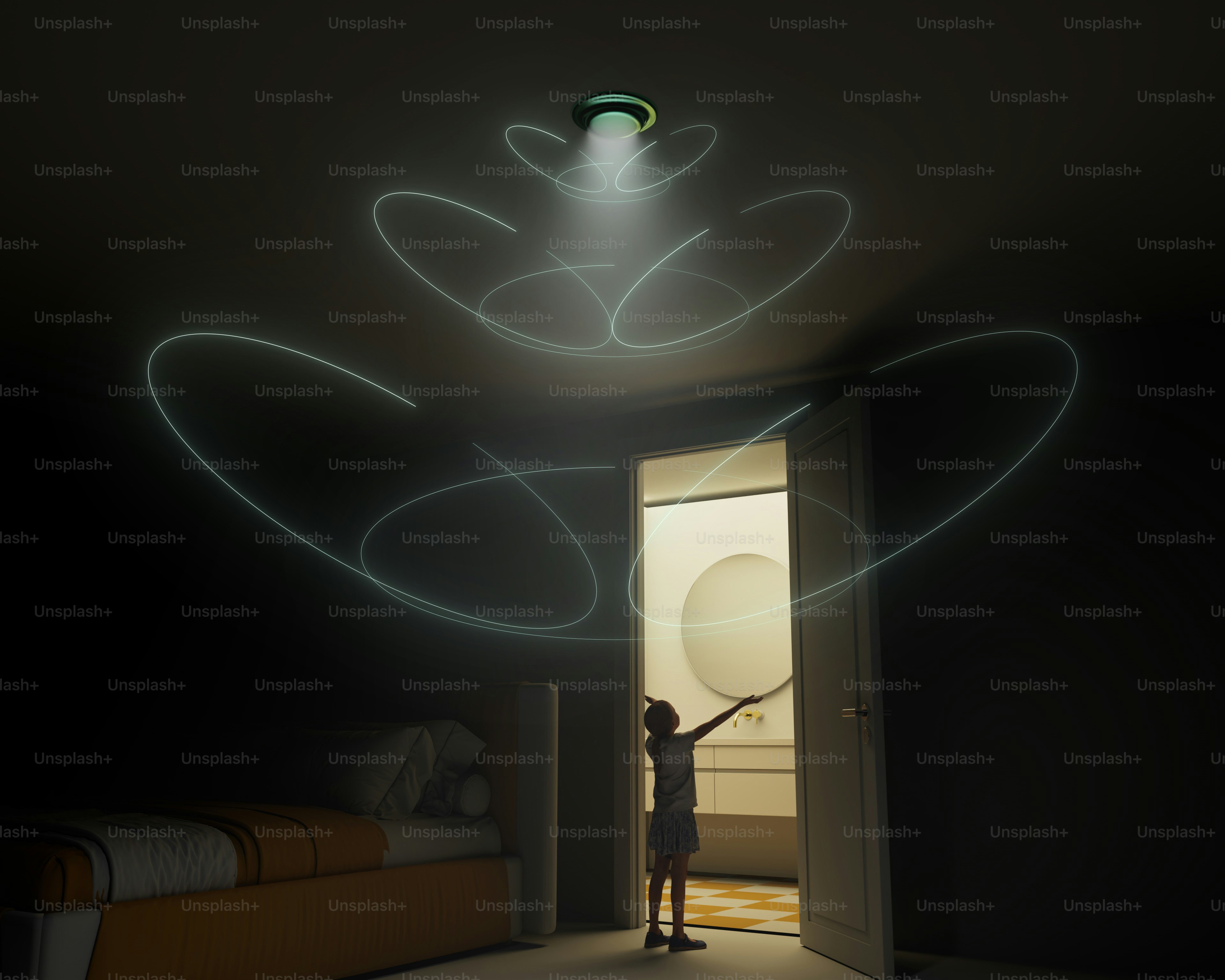 Child plays with light trails in dark room