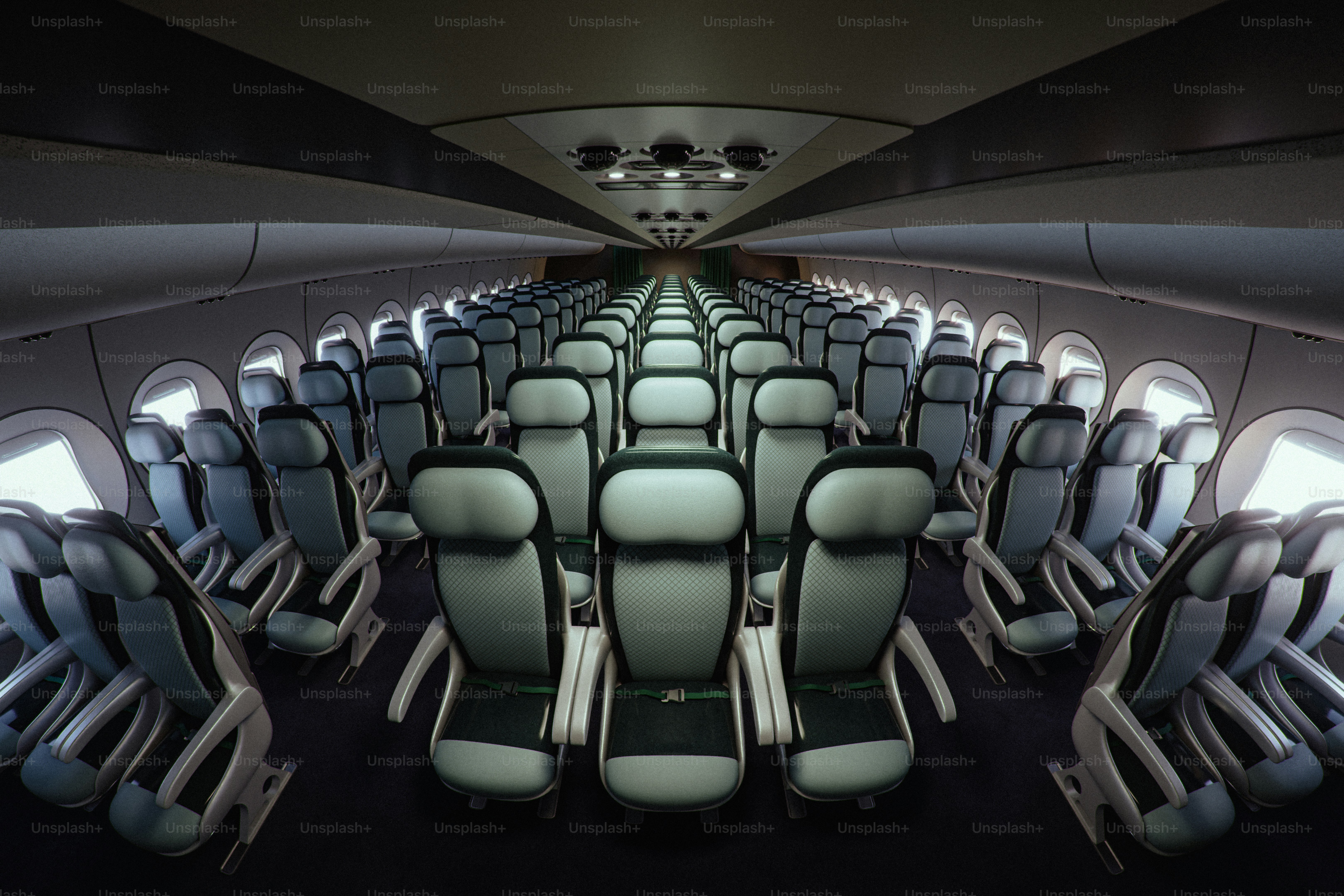 Empty airplane cabin with rows of seats