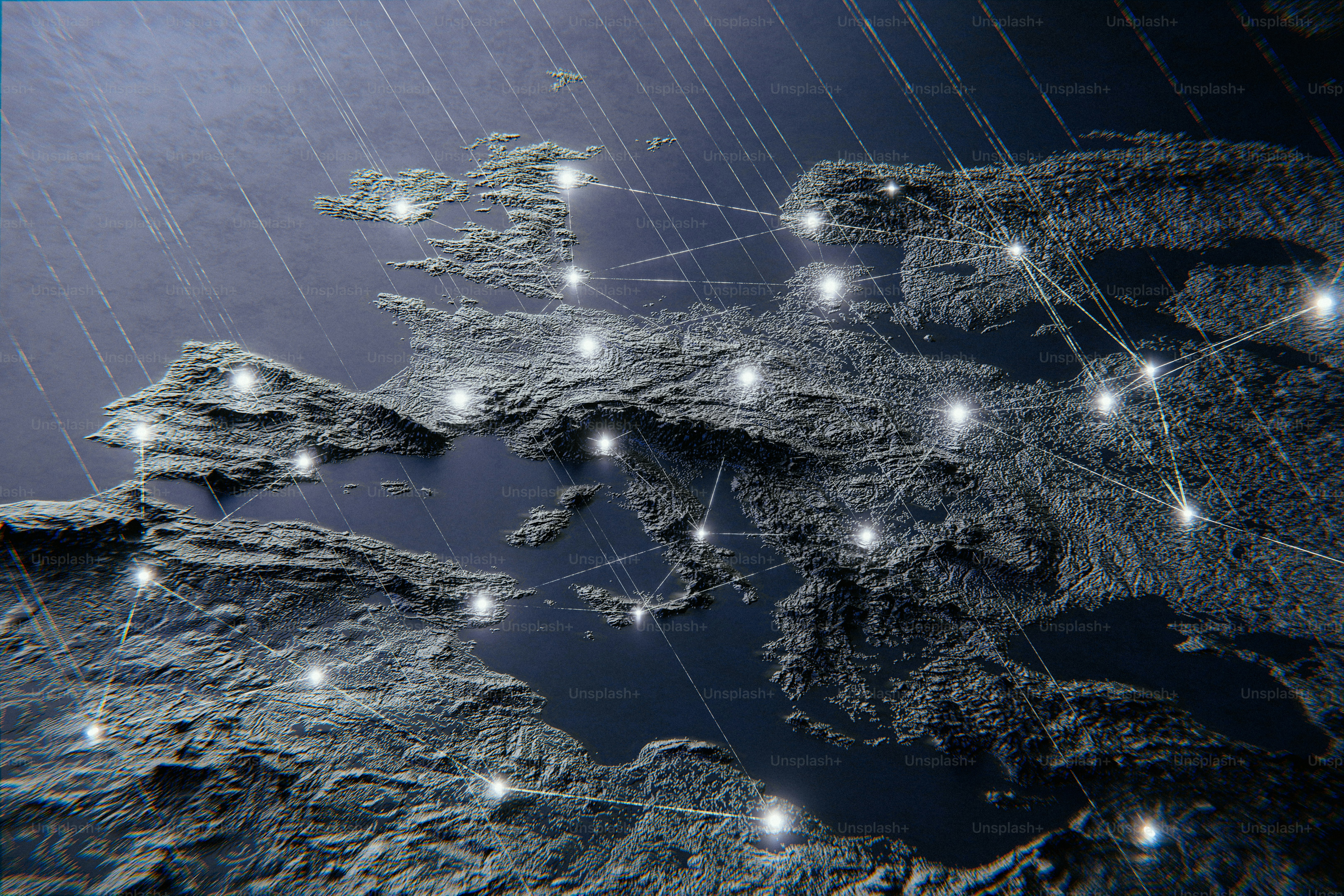 Abstract network connections over textured landscape