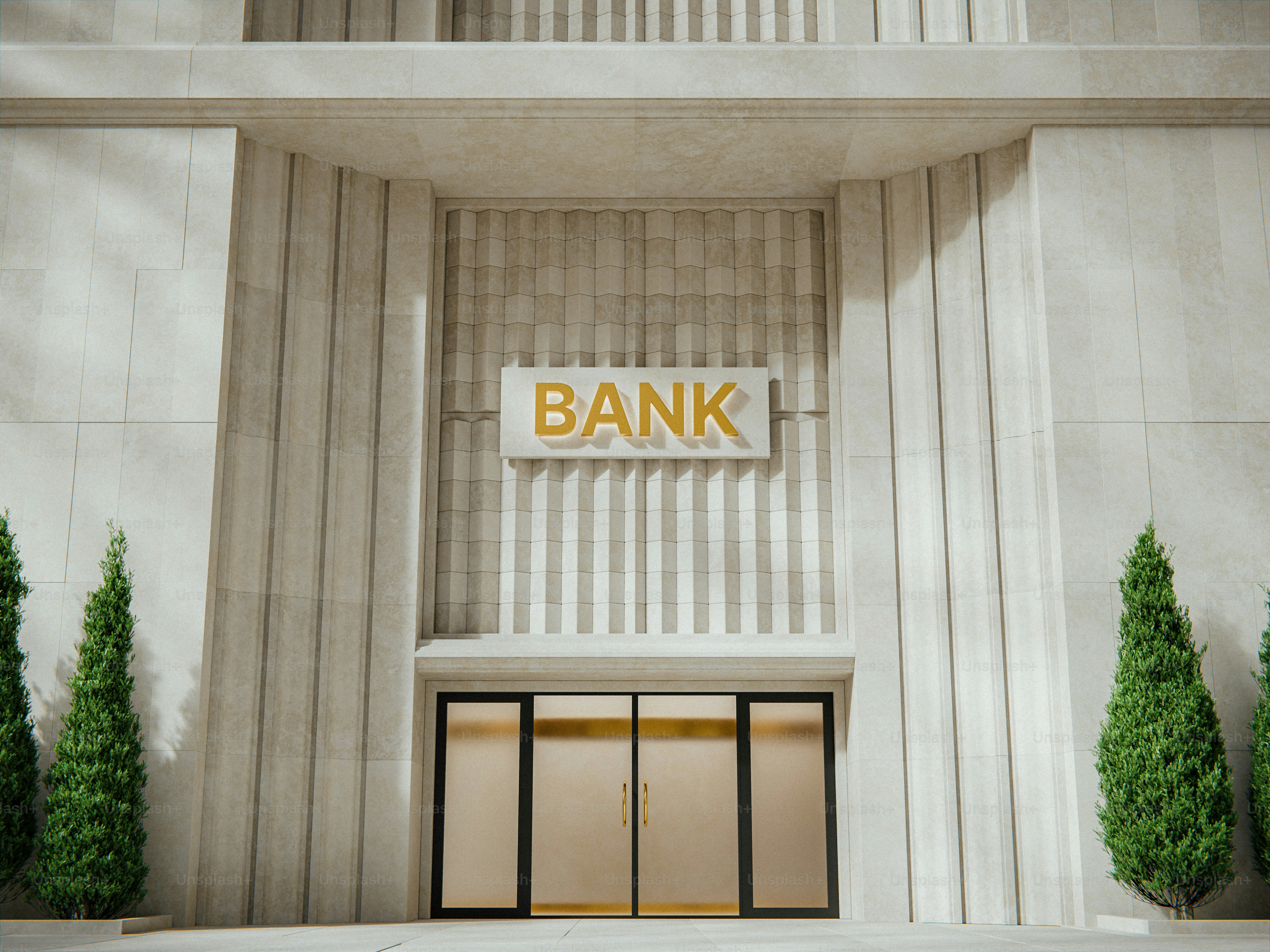 Modern bank building with glass doors and signage