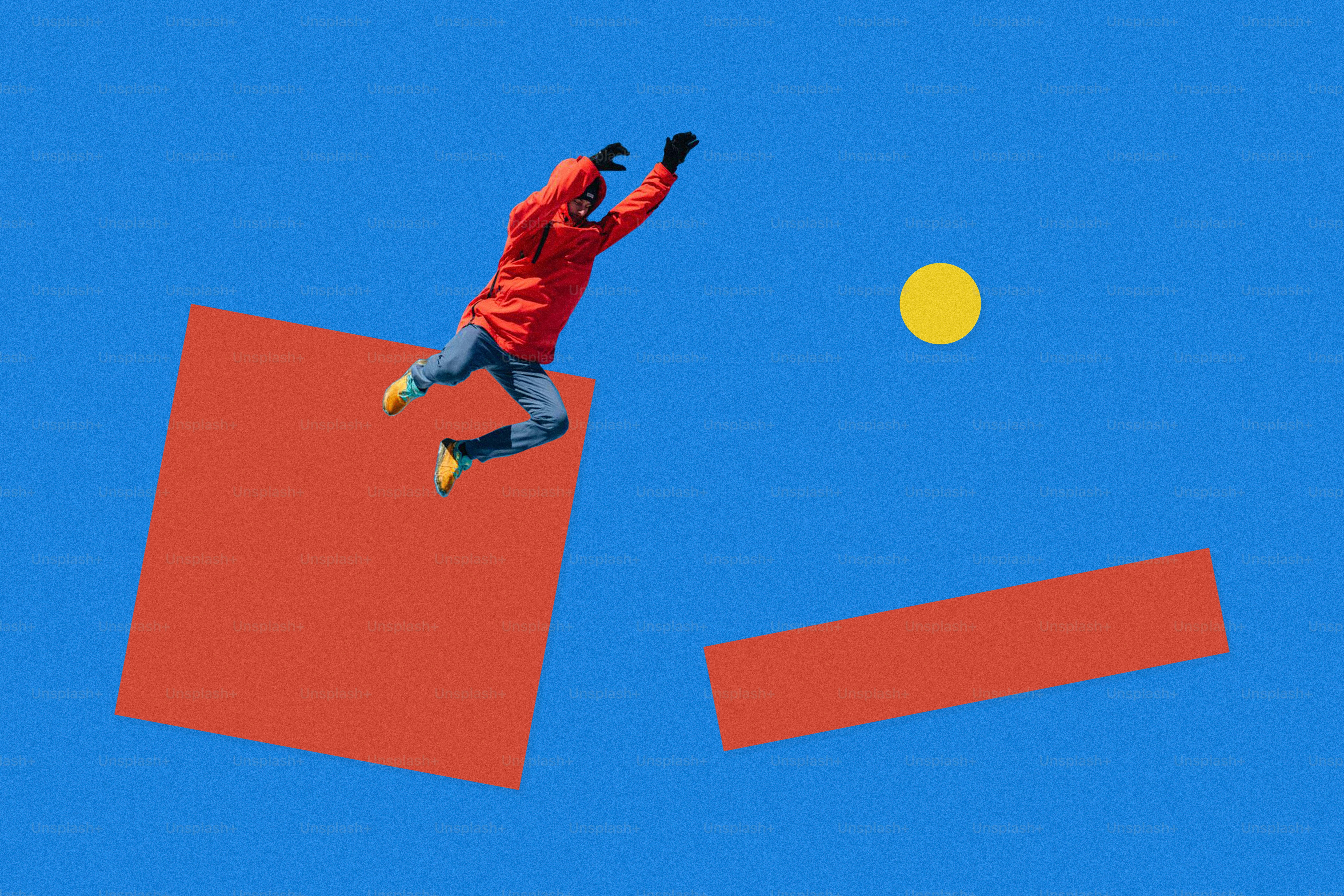 Person in red jacket jumping near abstract shapes photo – Art Image on ...