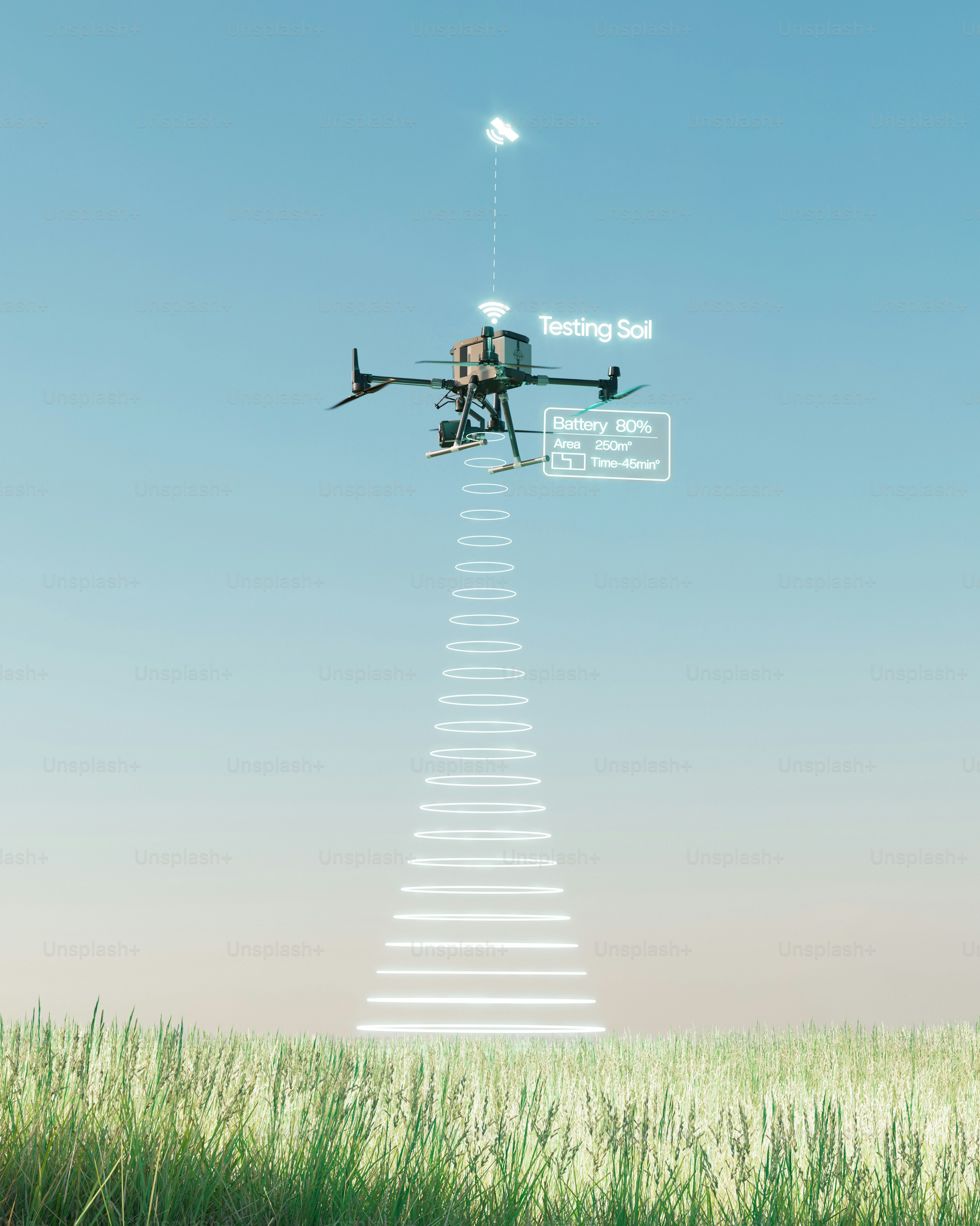 Drone survolant un champ herbeux avec affichage des données.