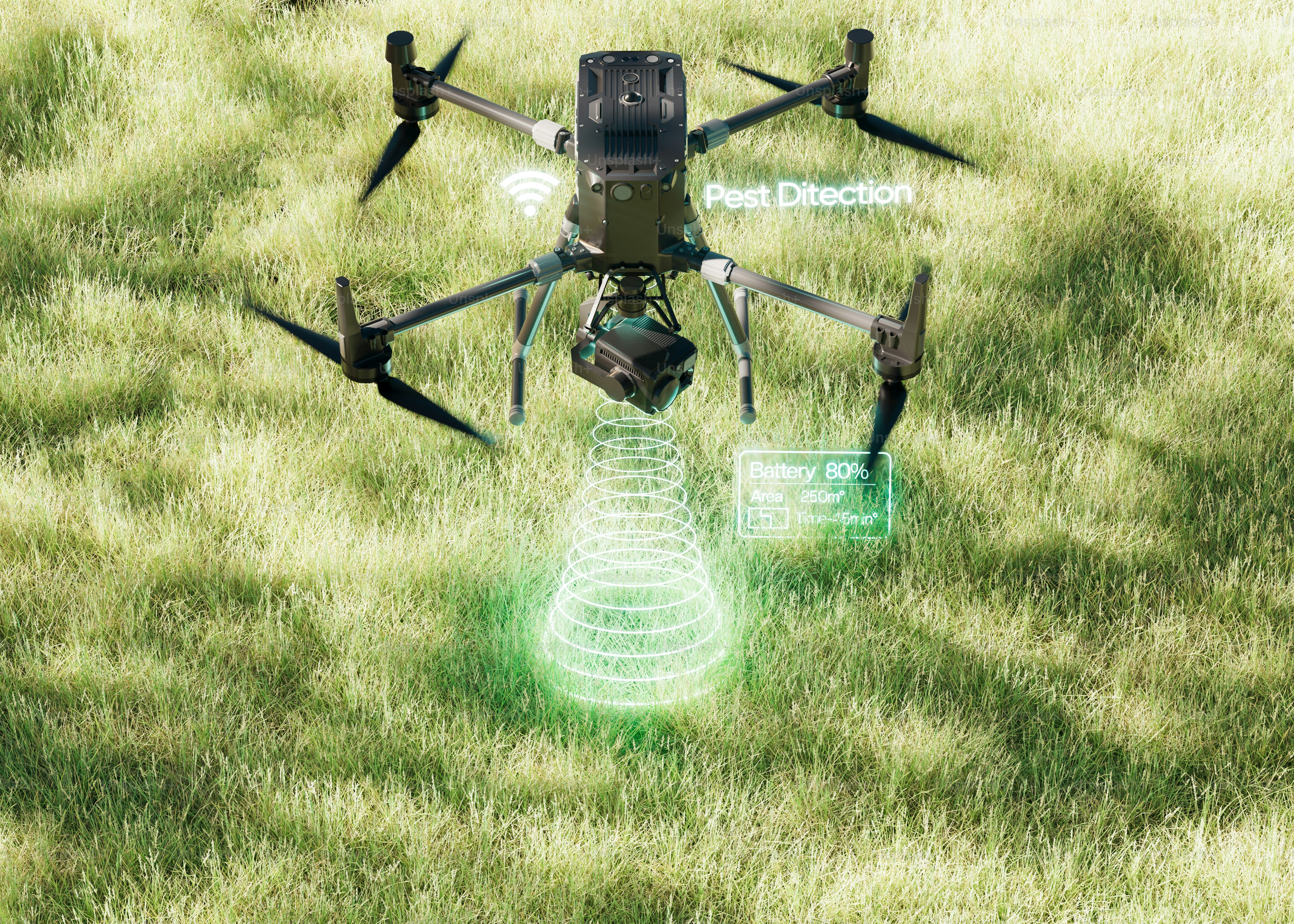 Dron con cámara que inspecciona el campo de hierba con pantalla digital.