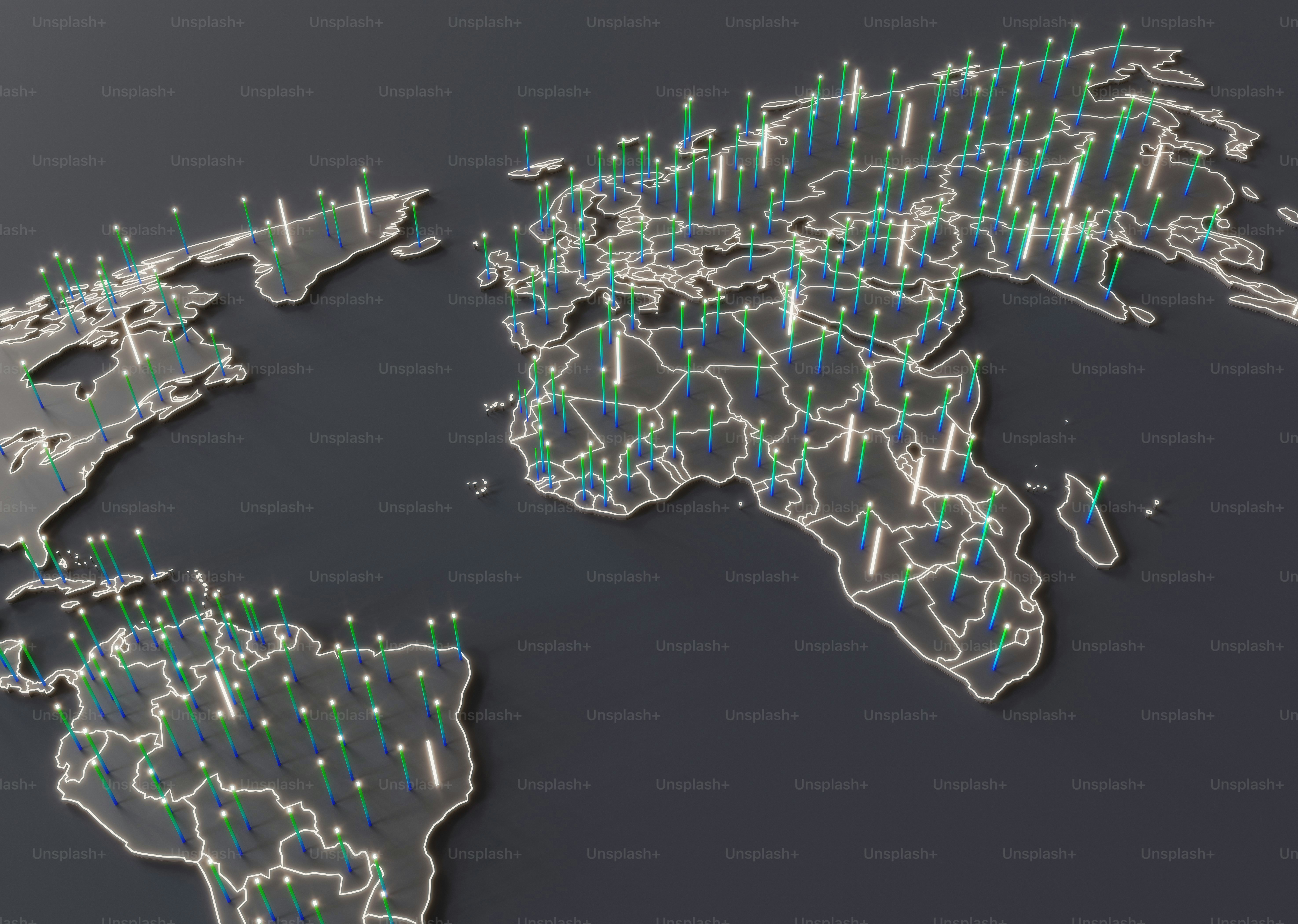 3D world map with glowing green data points.