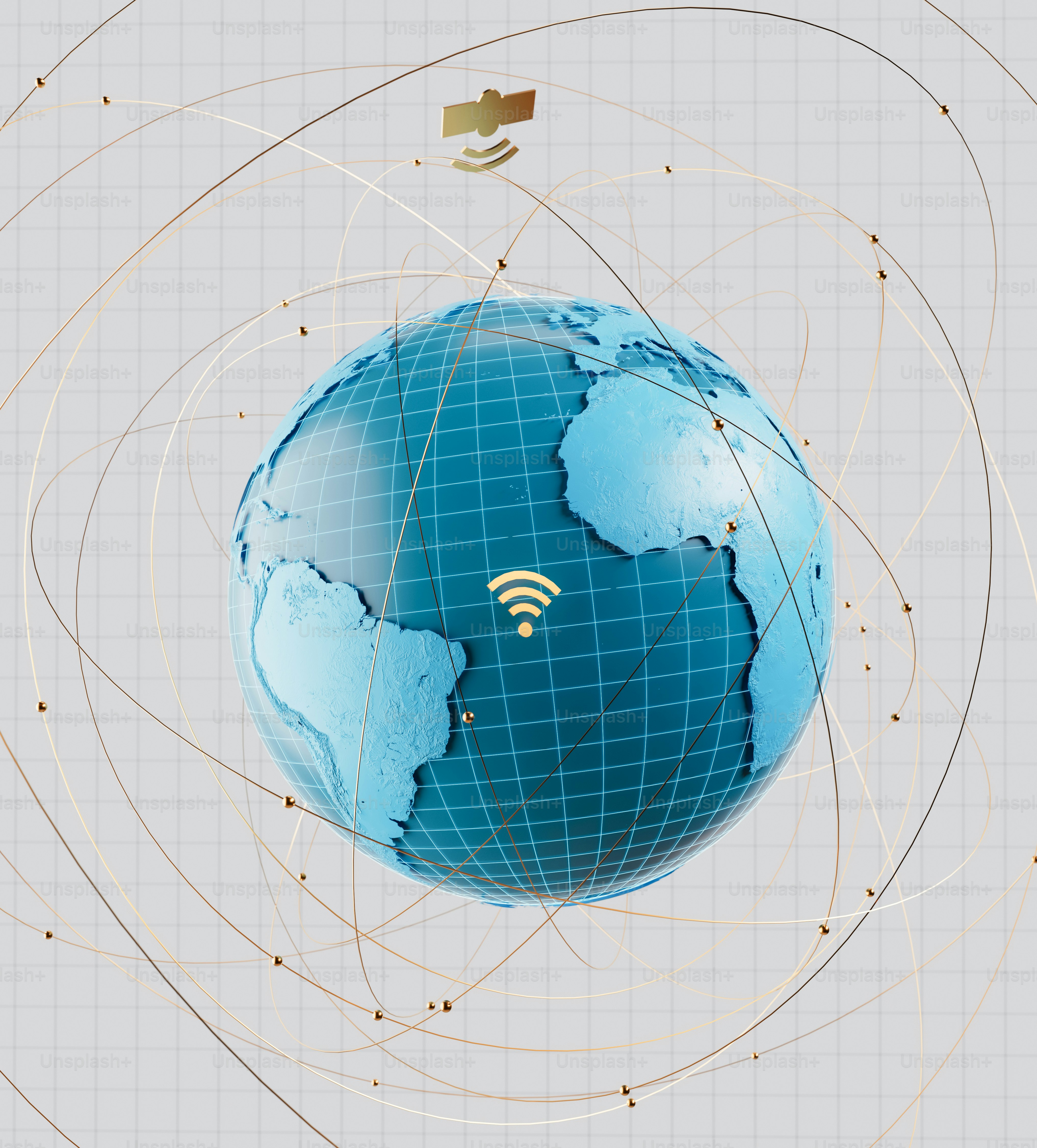 3D globe with satellite orbiting and wi-fi symbol.