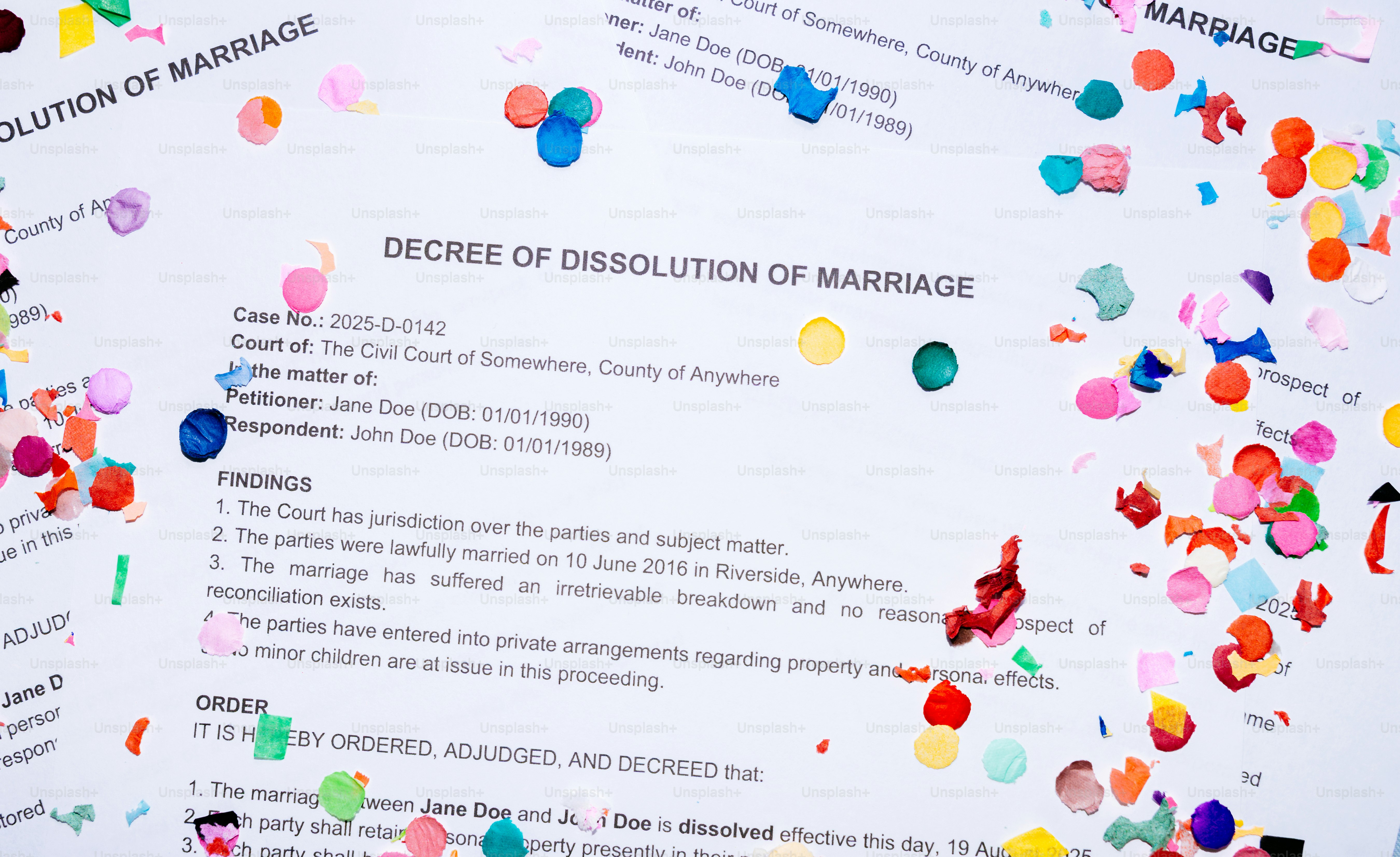 Decree of dissolution of marriage with colorful confetti.