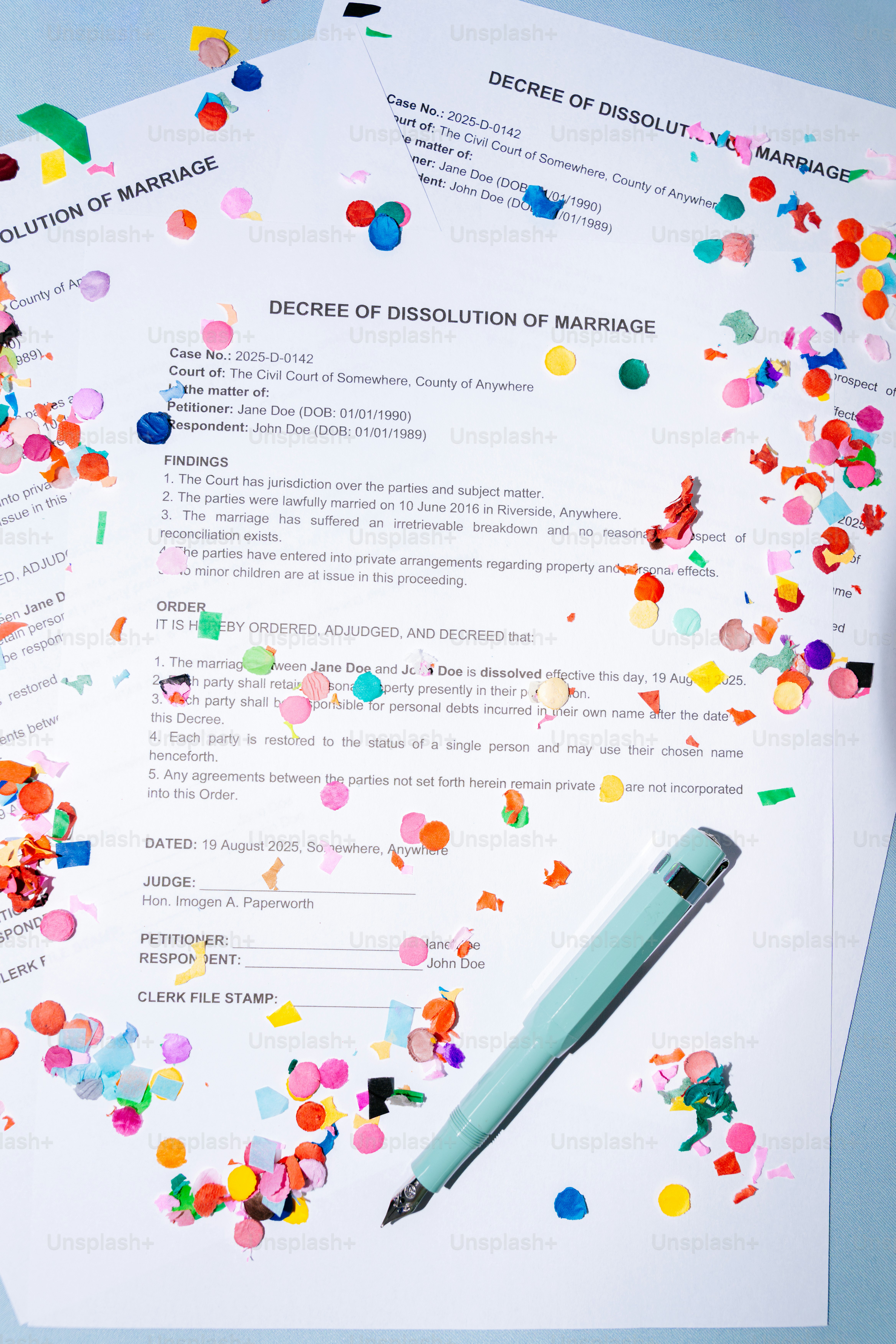 Decree of dissolution of marriage with colorful confetti.