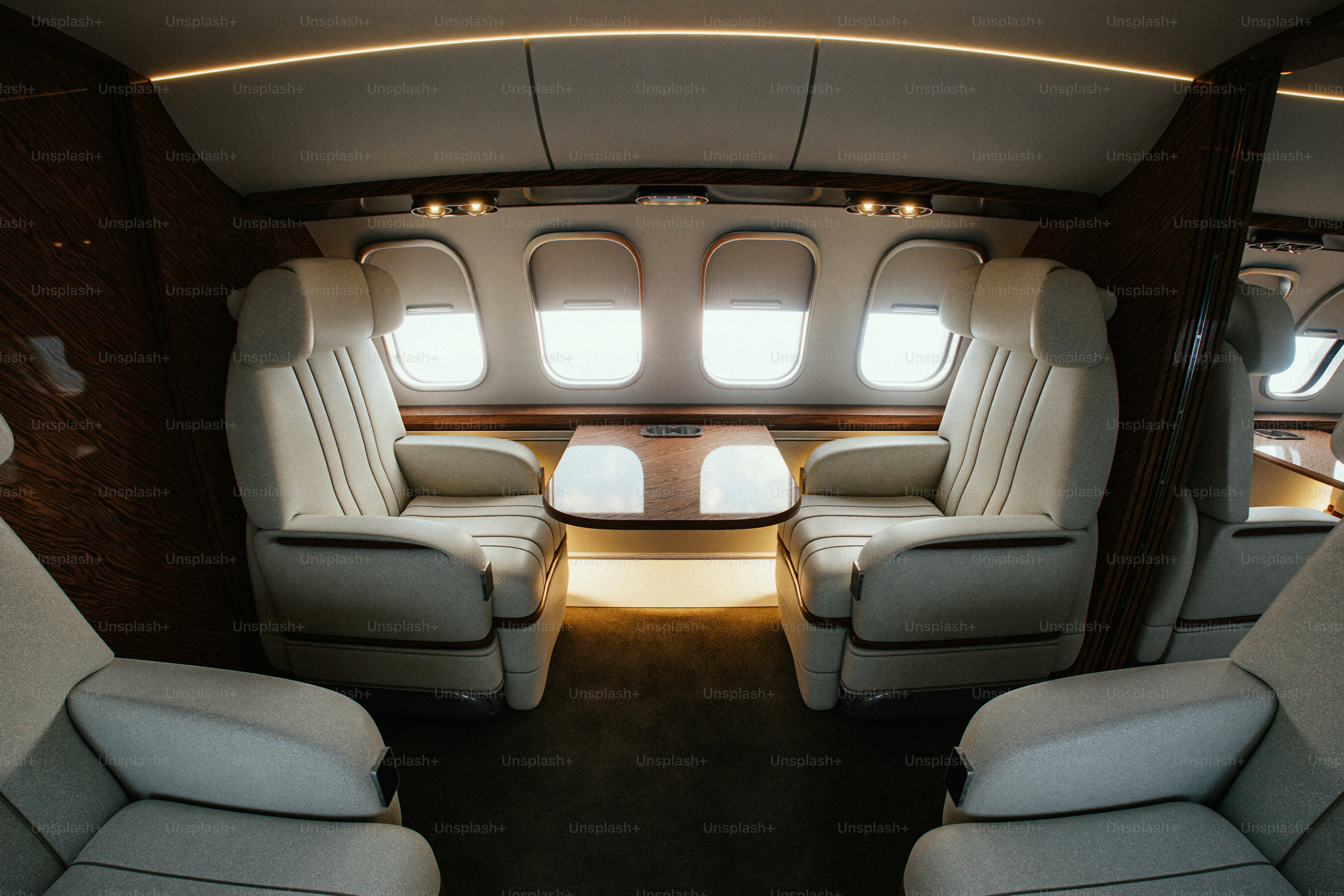 Wide 3D view of an elegant private jet interior with white leather seats and walnut wood design.