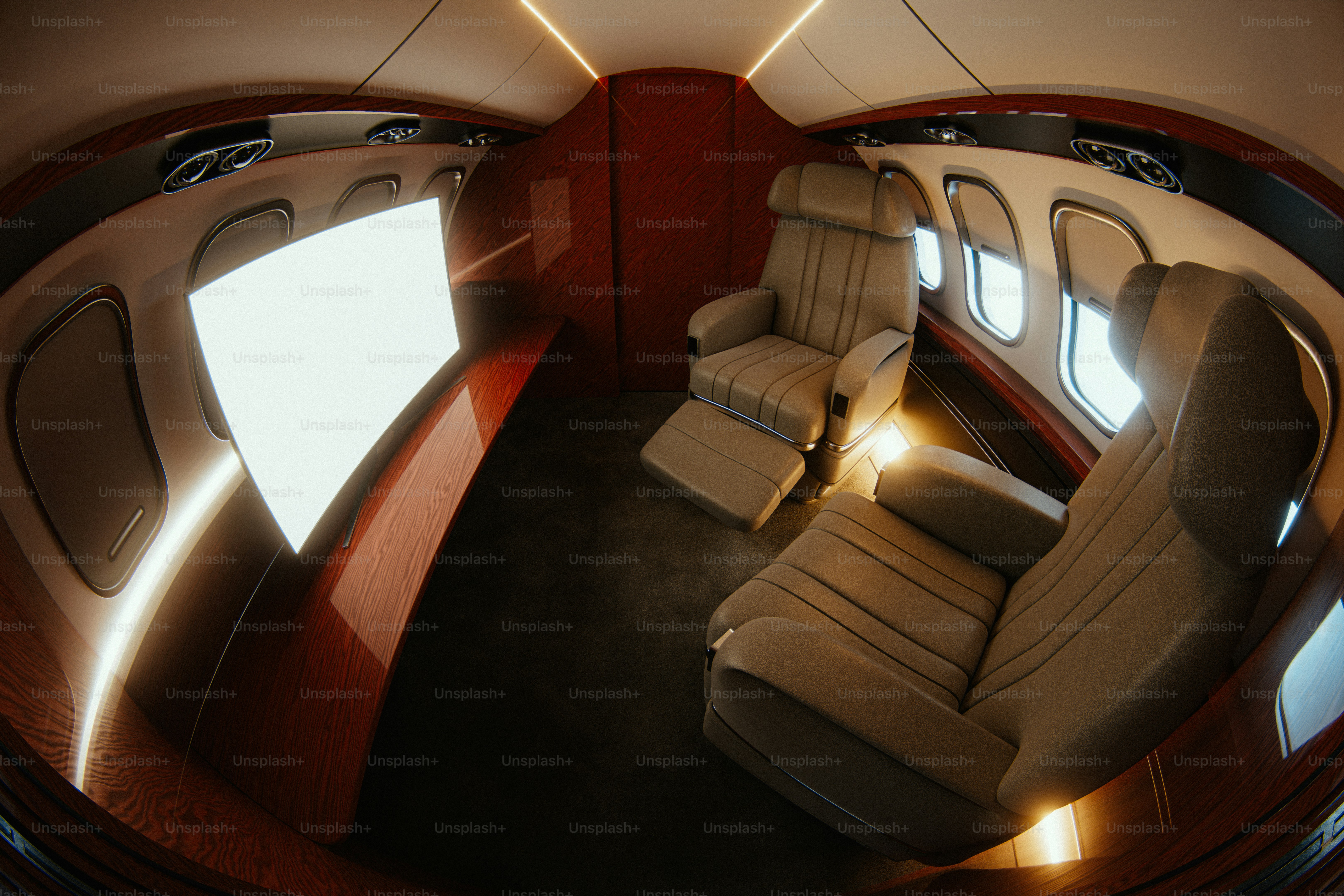 Luxury business jet interior with private cinema setup, leather seats, and big screen, moody 3D render.