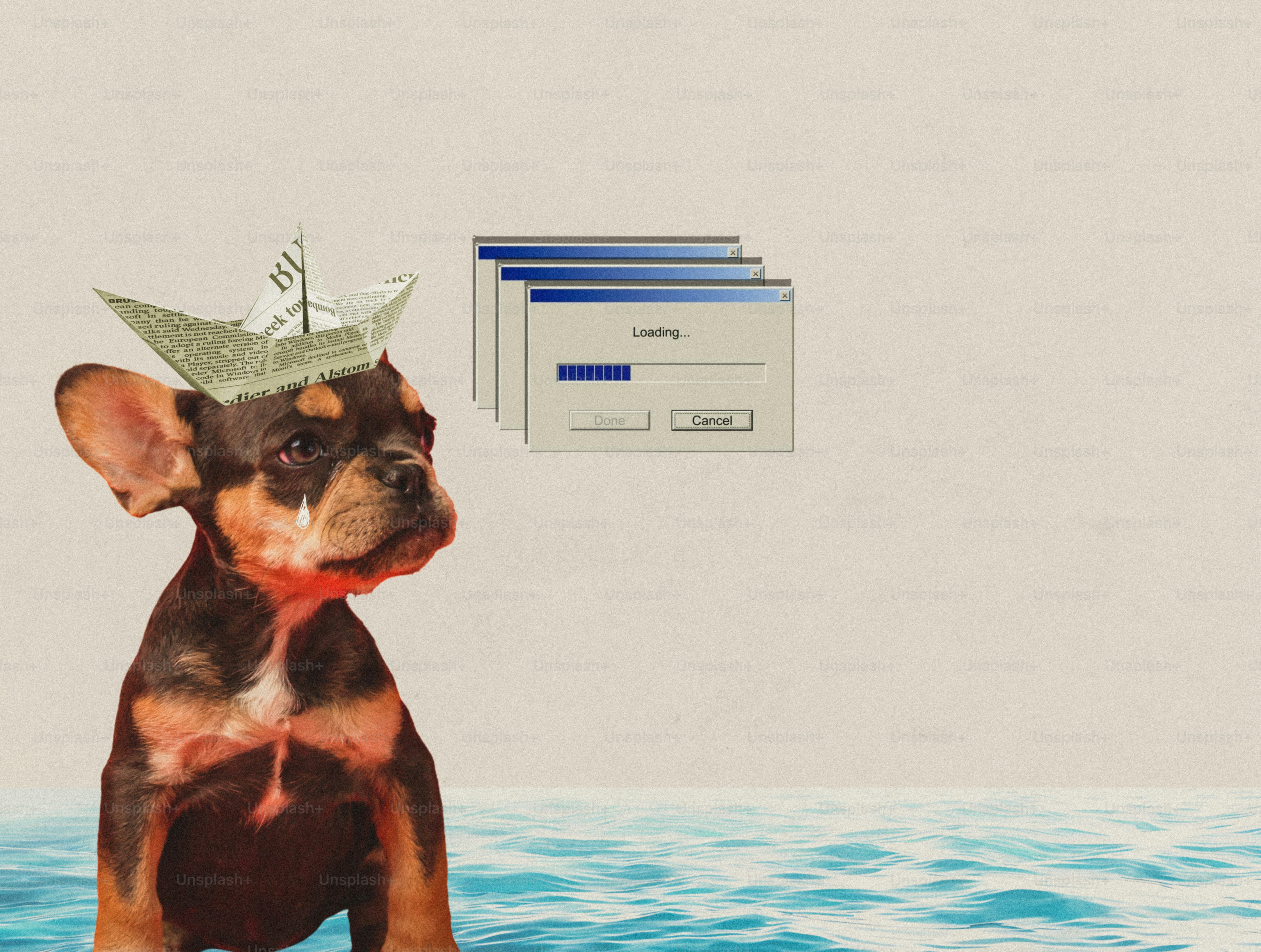 紙帽子をかぶった犬が荷台近くの水面に乗っている