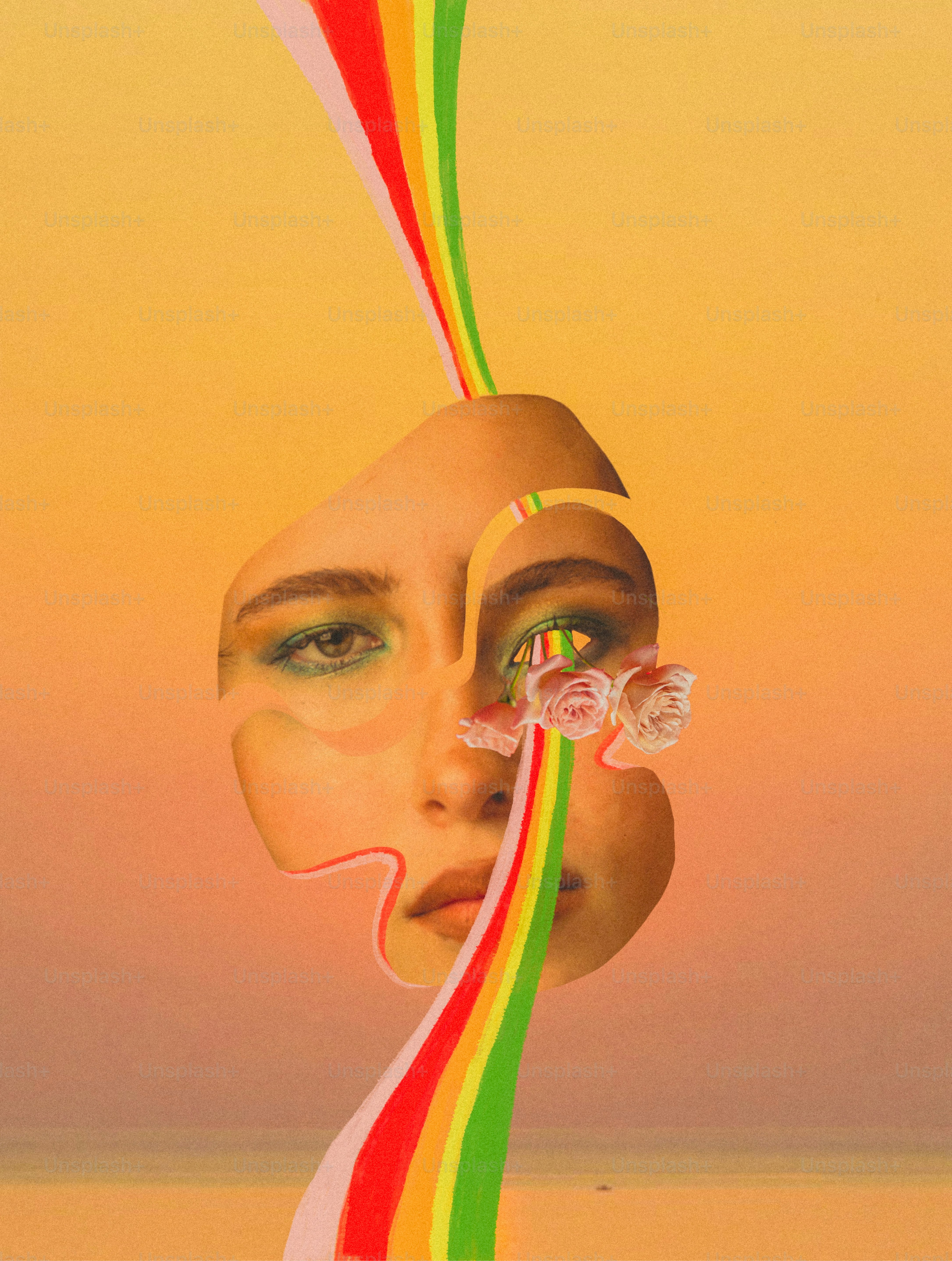 Collage surreale di un viso con flusso arcobaleno e rose