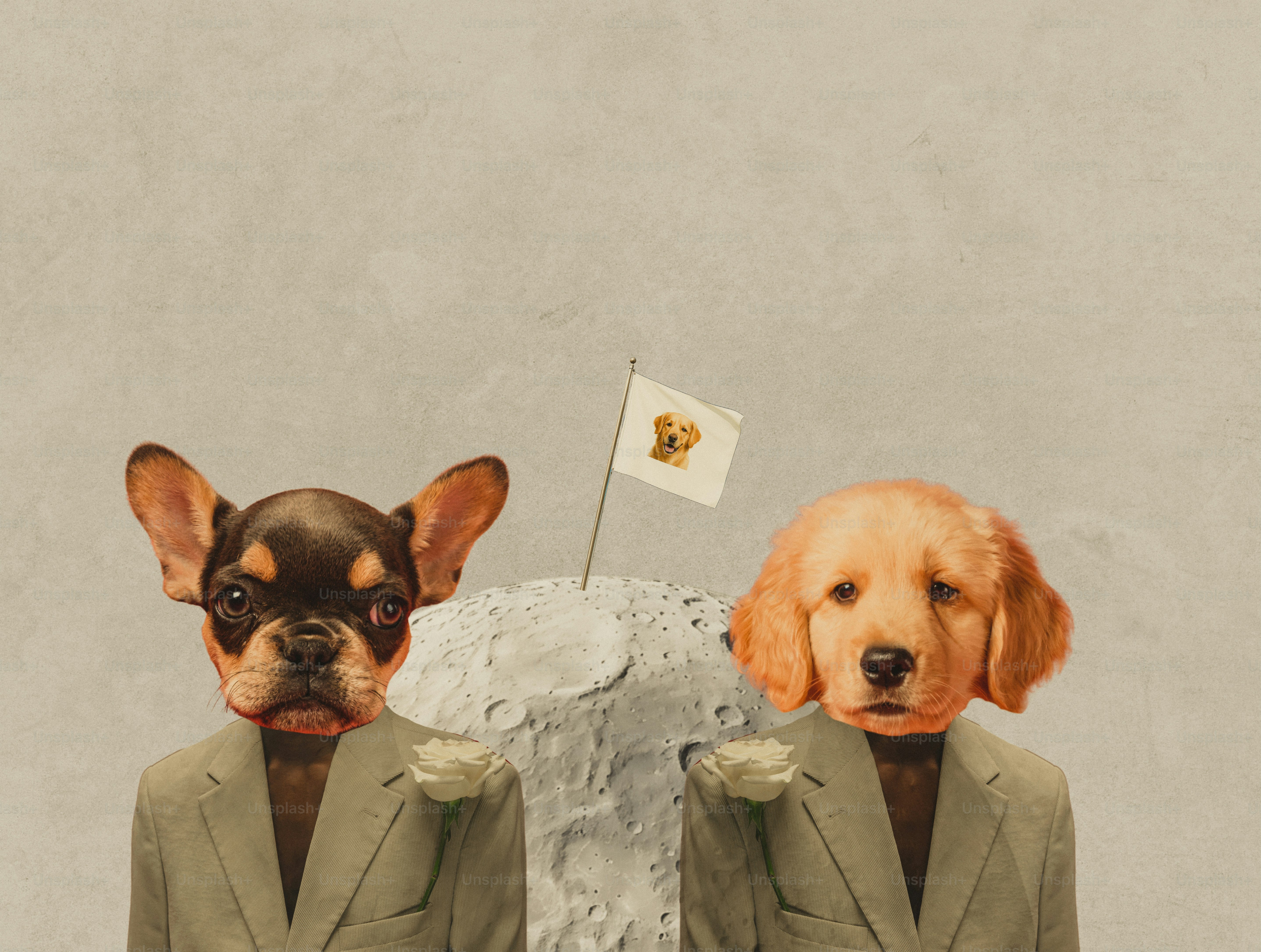 Two dogs in suits with flower boutonnieres