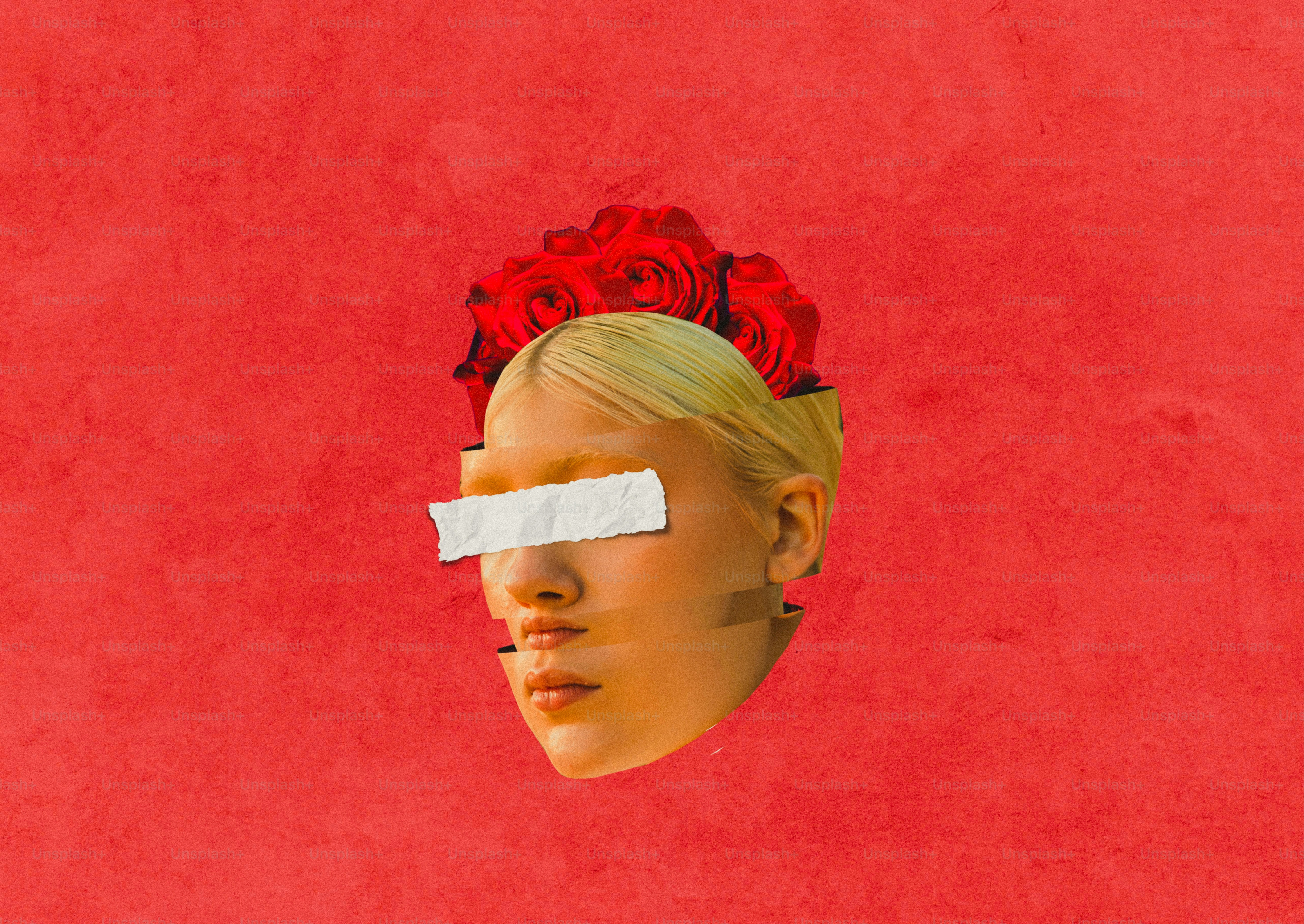 Collage of woman's face with roses and tape