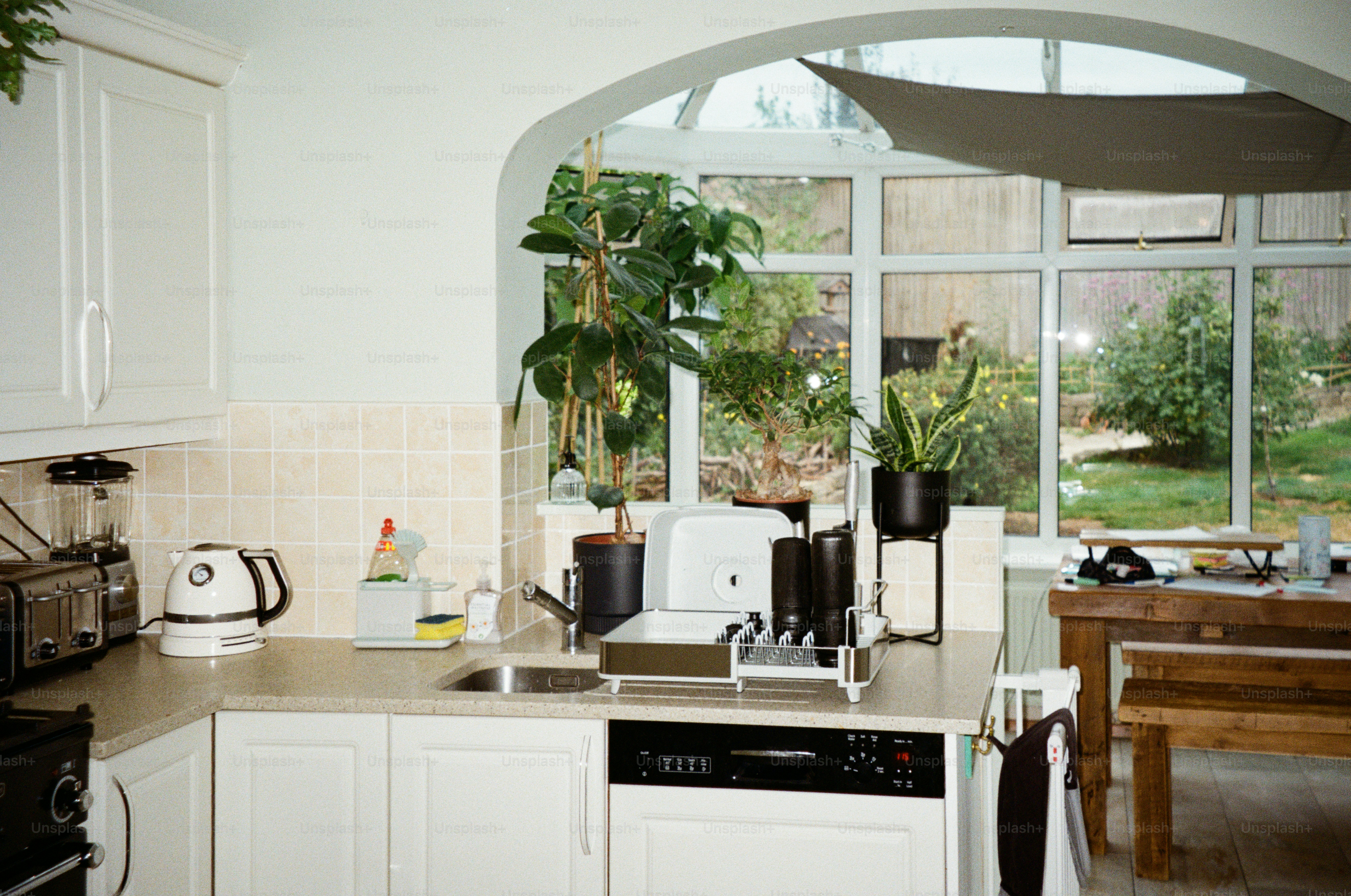 Bright kitchen with plants and large window overlooking garden.