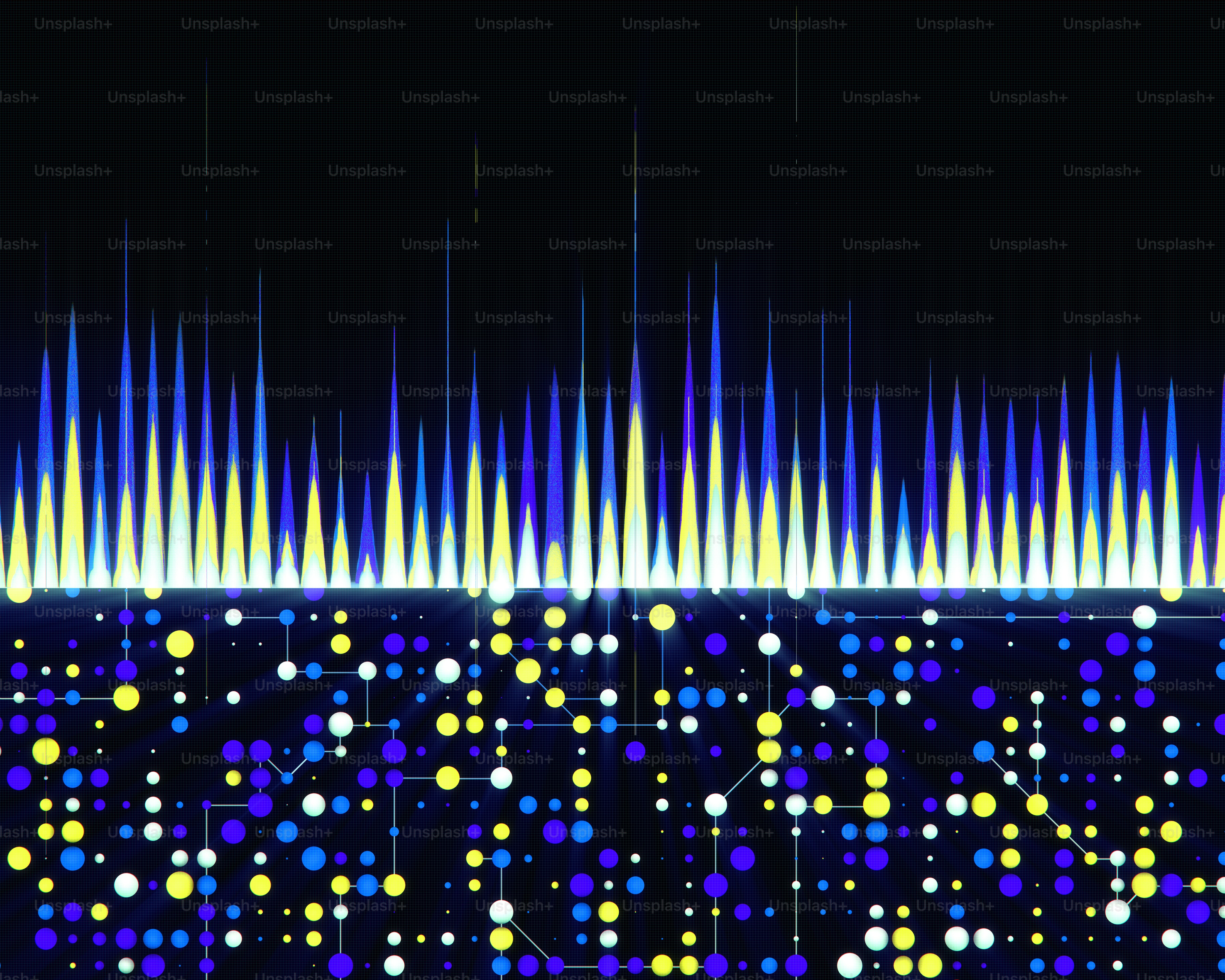 Abstract blue and yellow digital sound wave and data visualization.