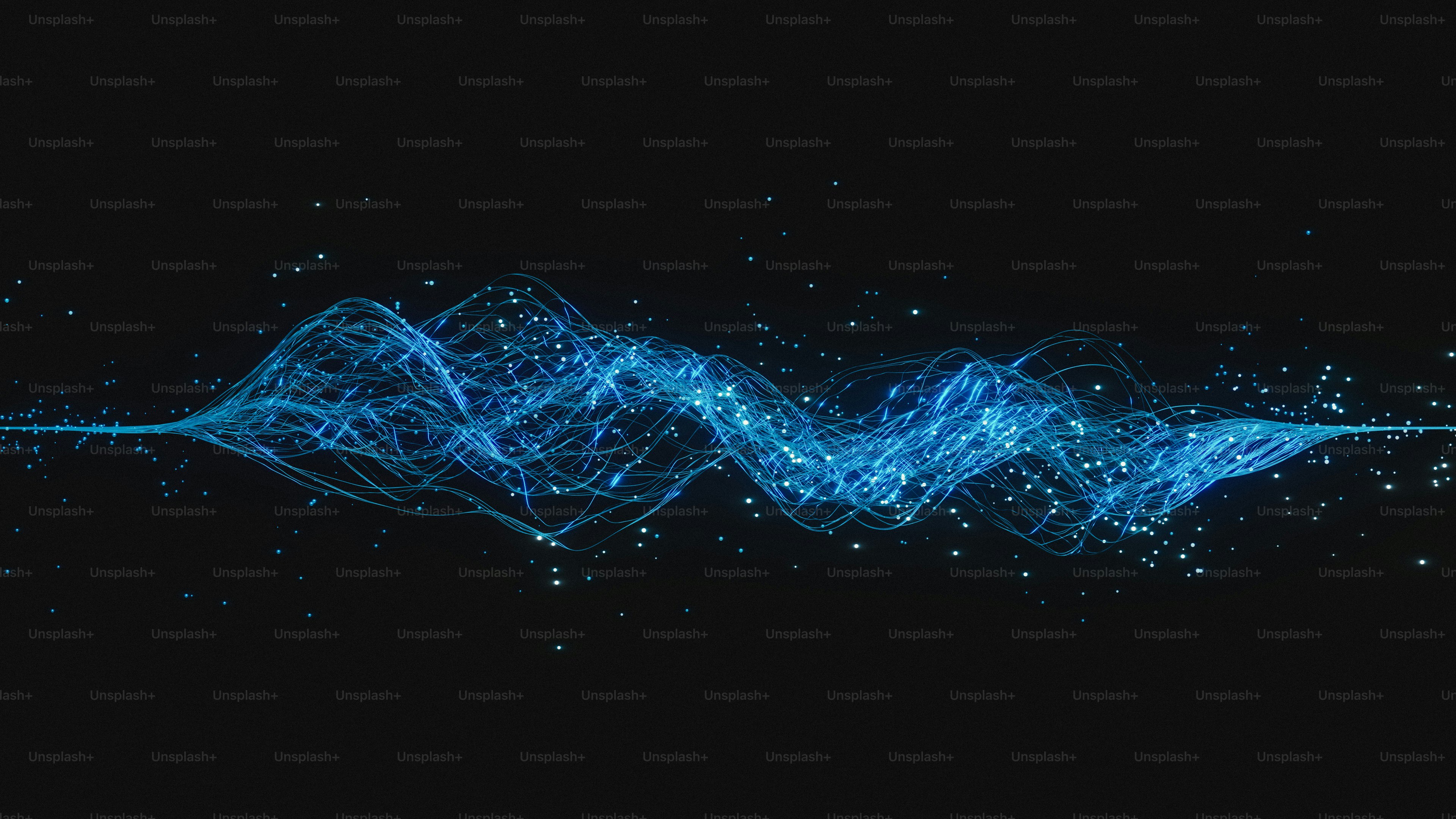 Abstract blue wave with glowing particles on black.