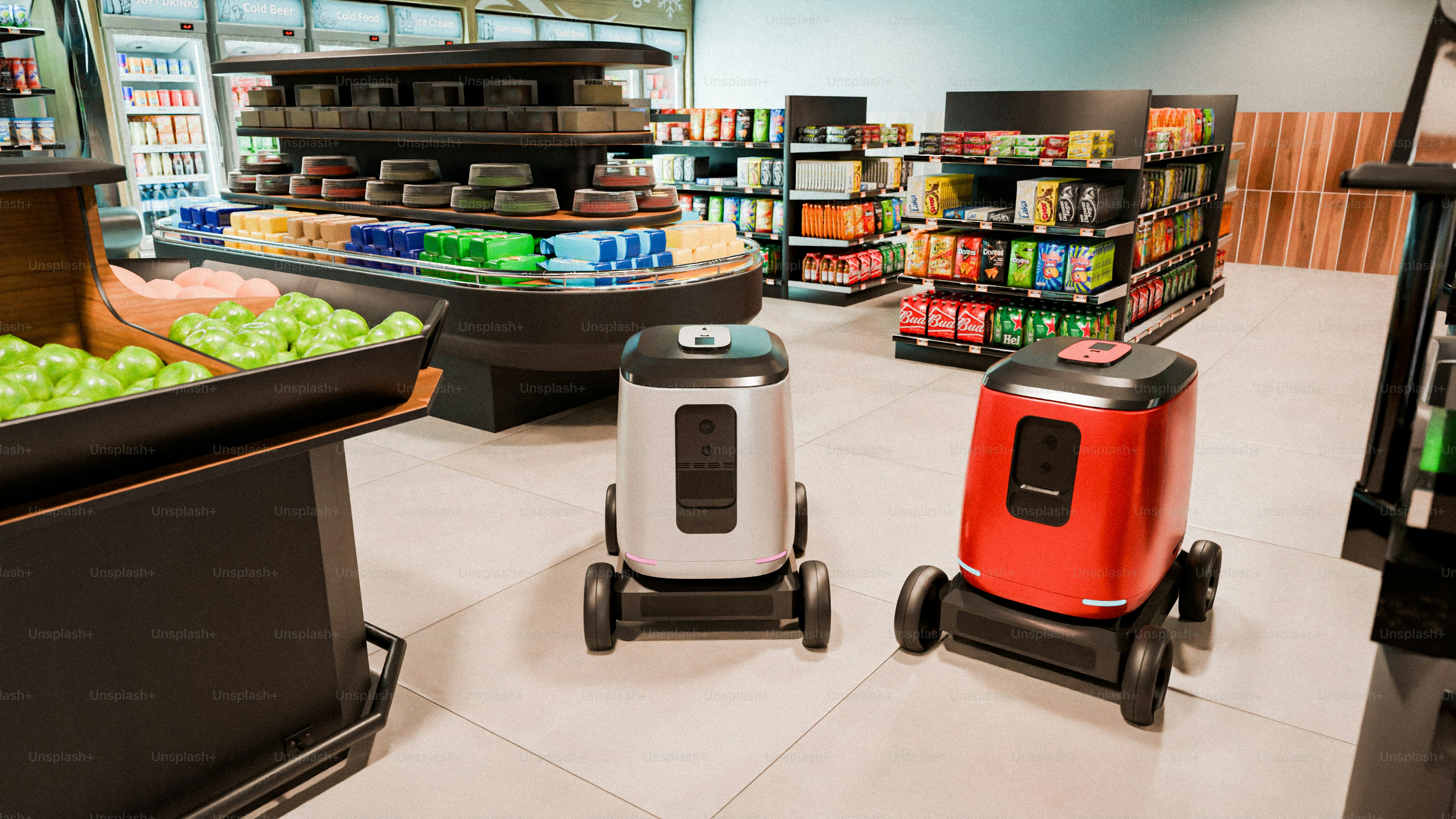 Two small robots in a grocery store aisle