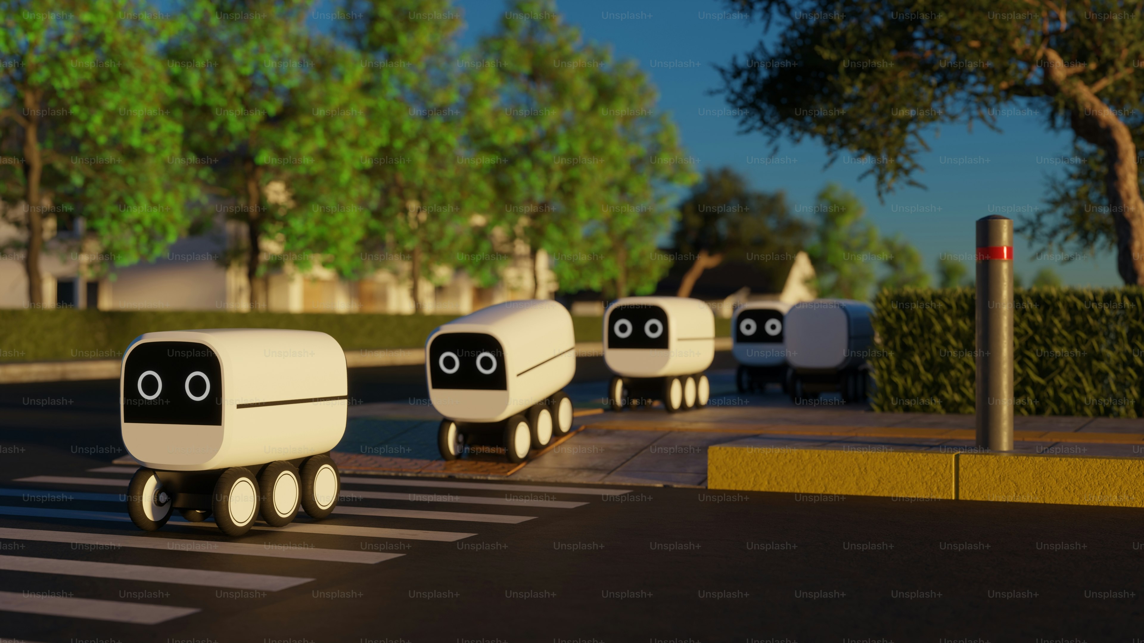 郊外の道路を横断する自律型配送ロボット