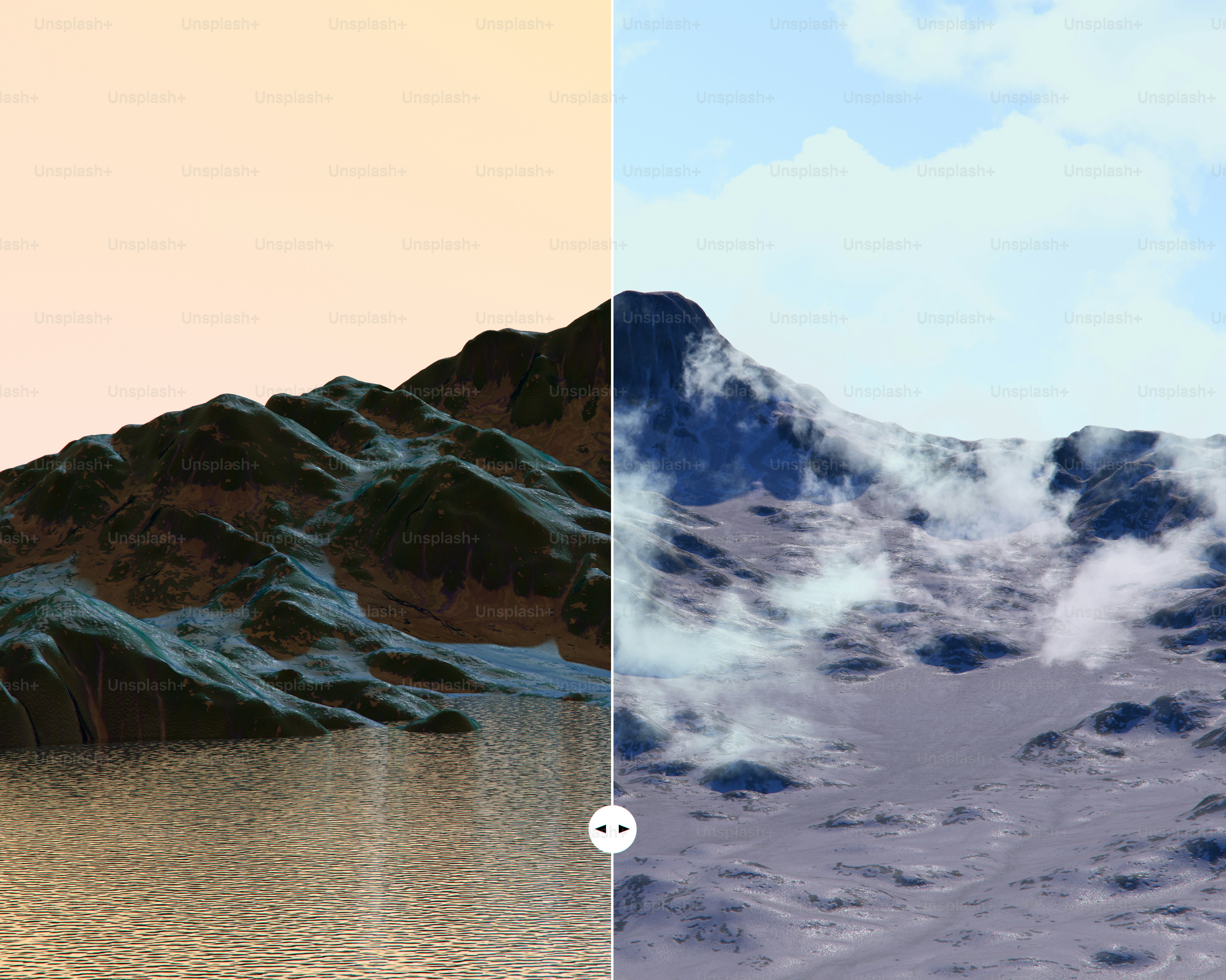 Split view of mountains with water and clouds