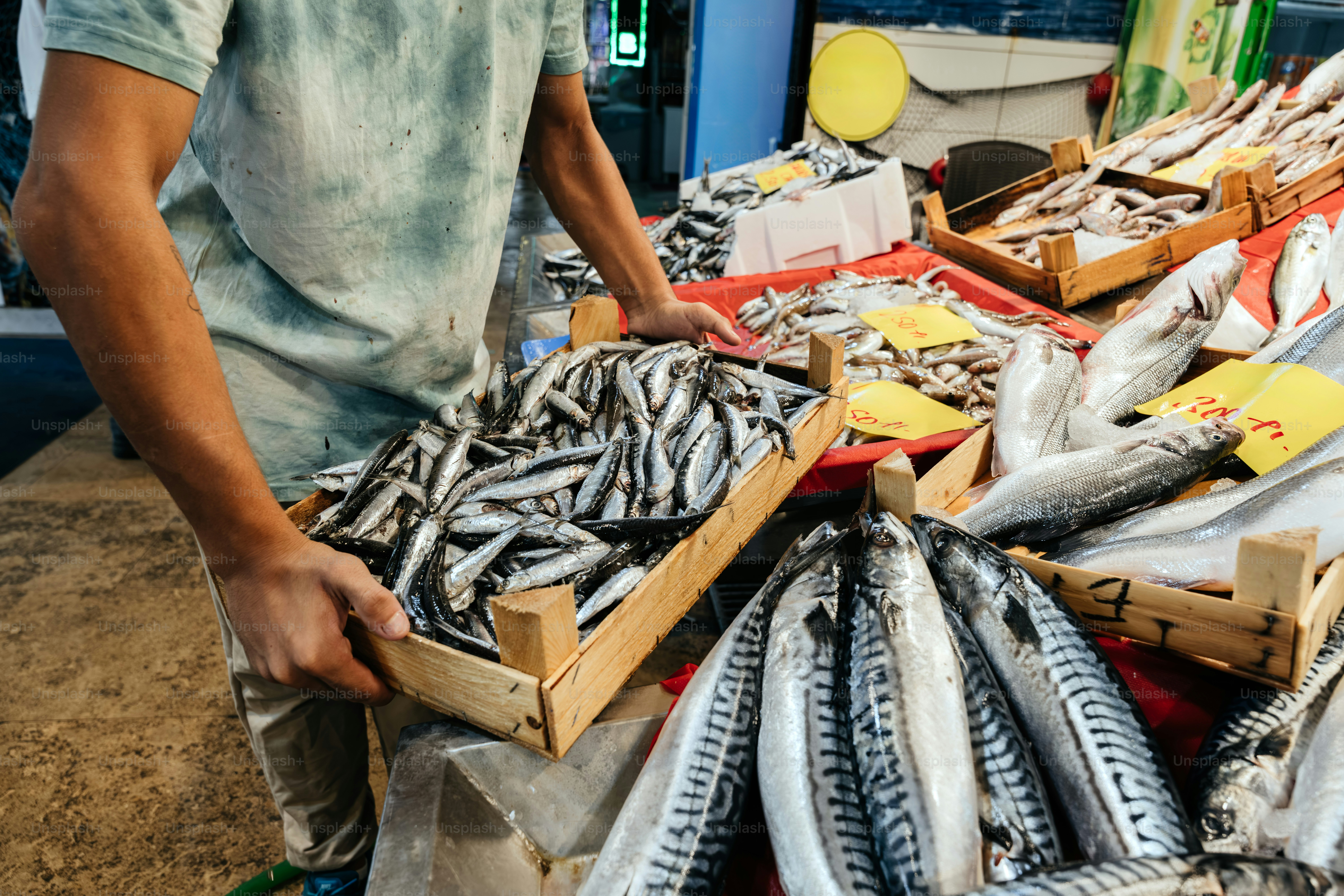 Man holding crate of fresh fish at market