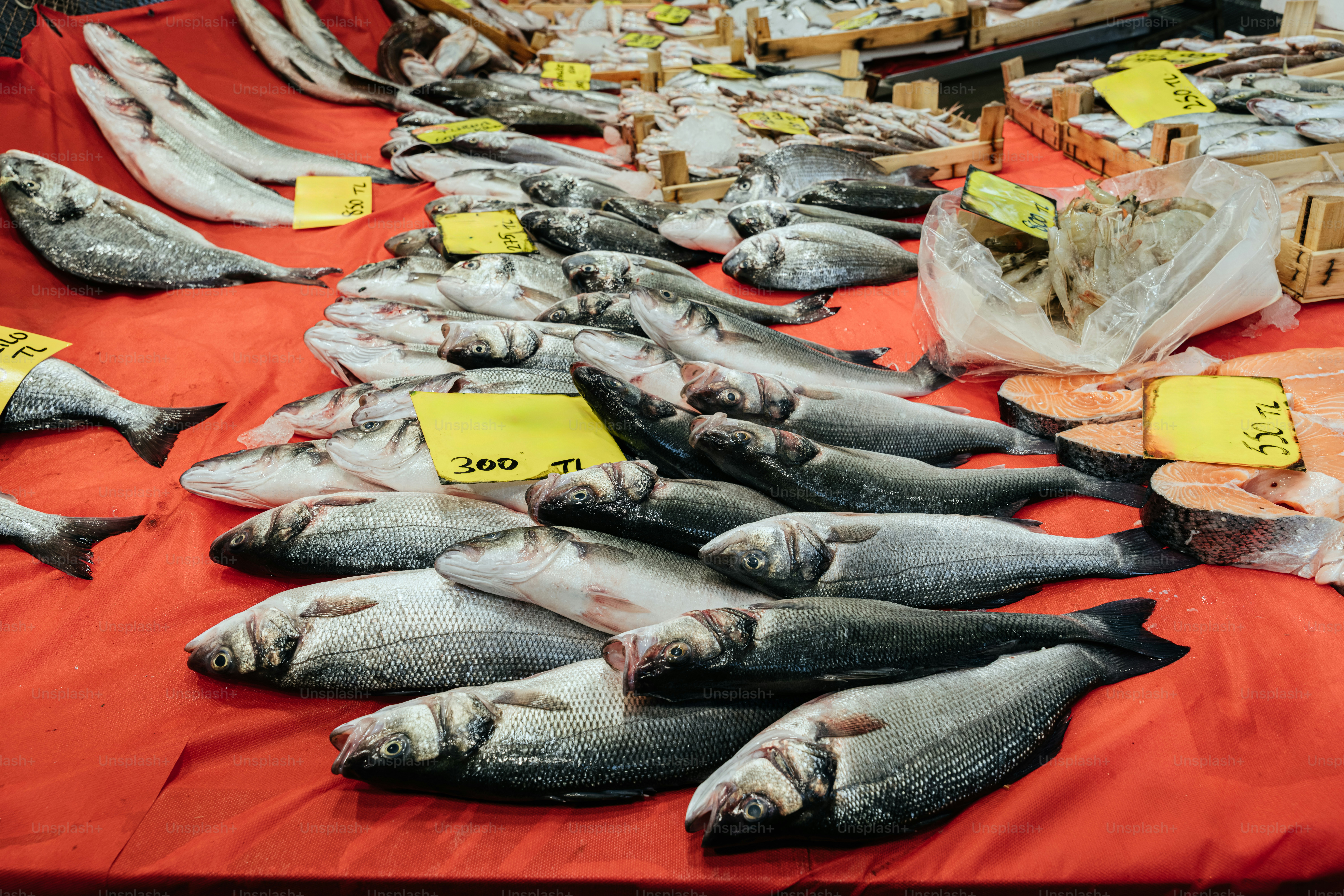 Fresh fish displayed on a red market stall.