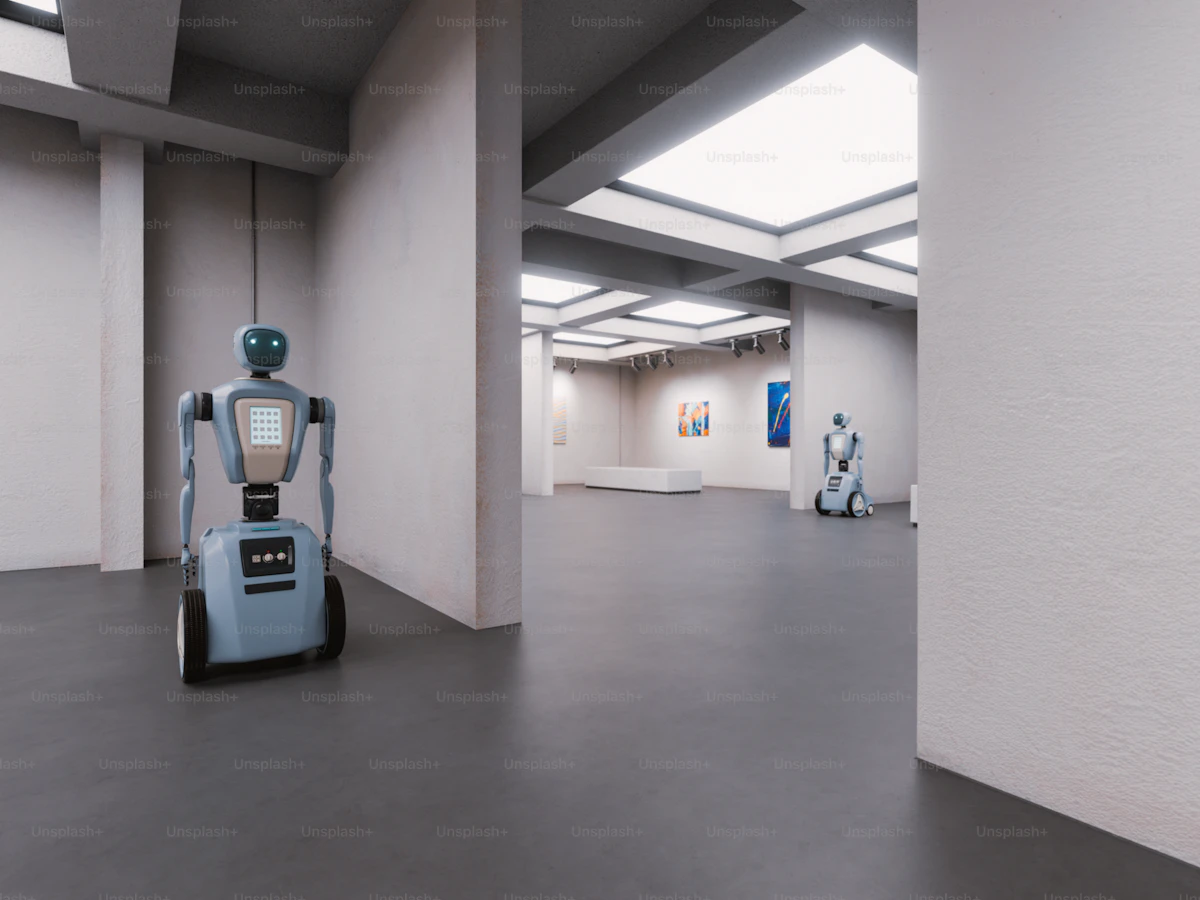 Robots in a modern industrial gallery setting — humanoids are moving from demonstrations into structured factory pilots.