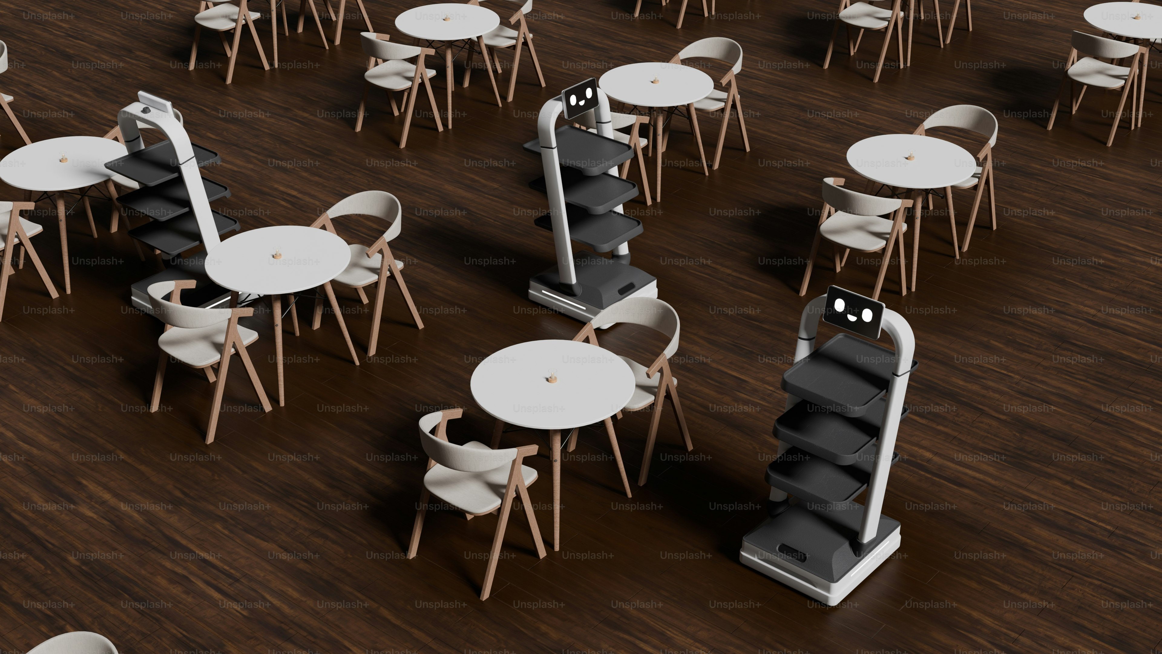 モダンなカフェでテーブルに配膳するロボット