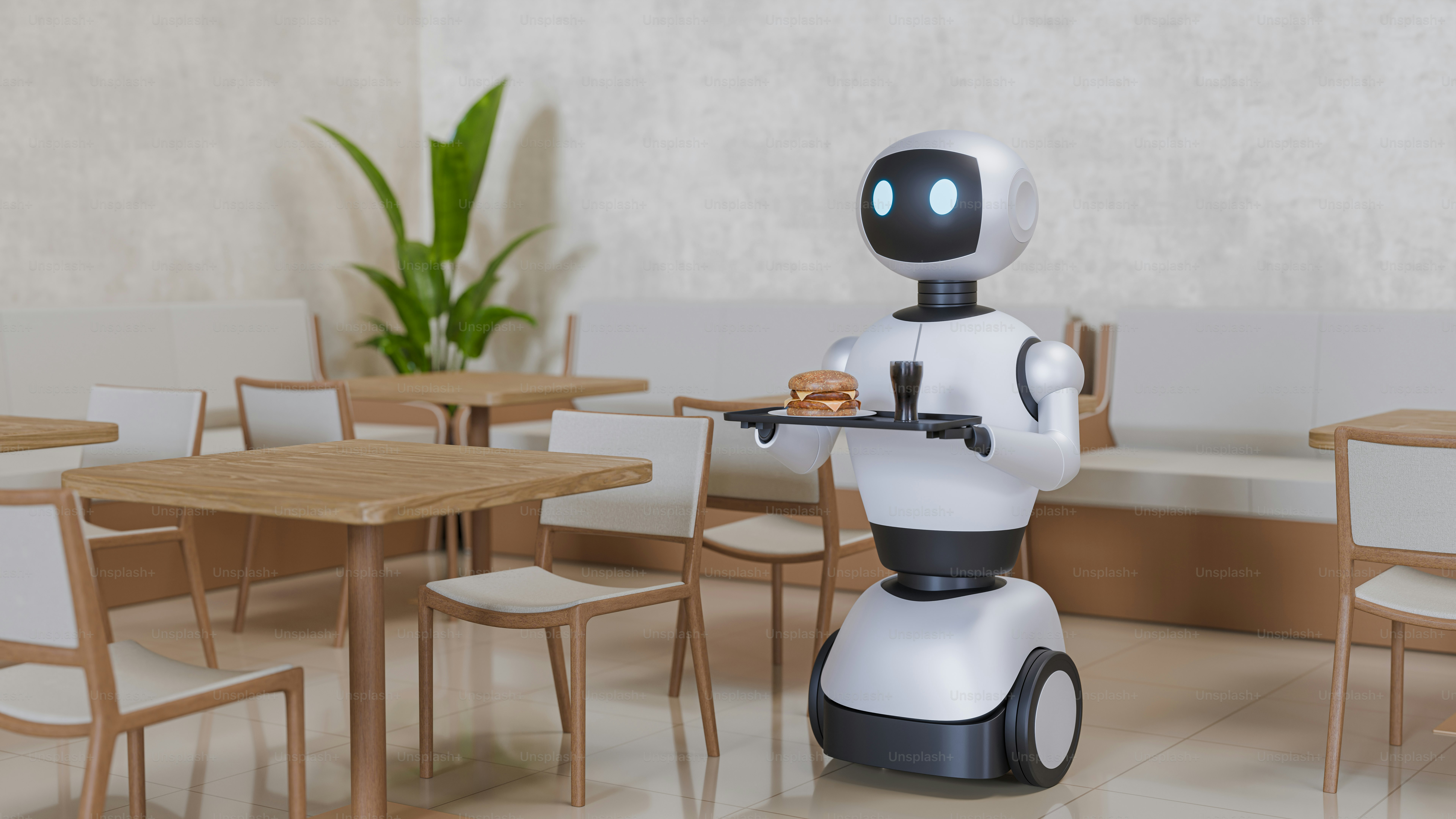 Um robô serve comida e bebida em um restaurante.