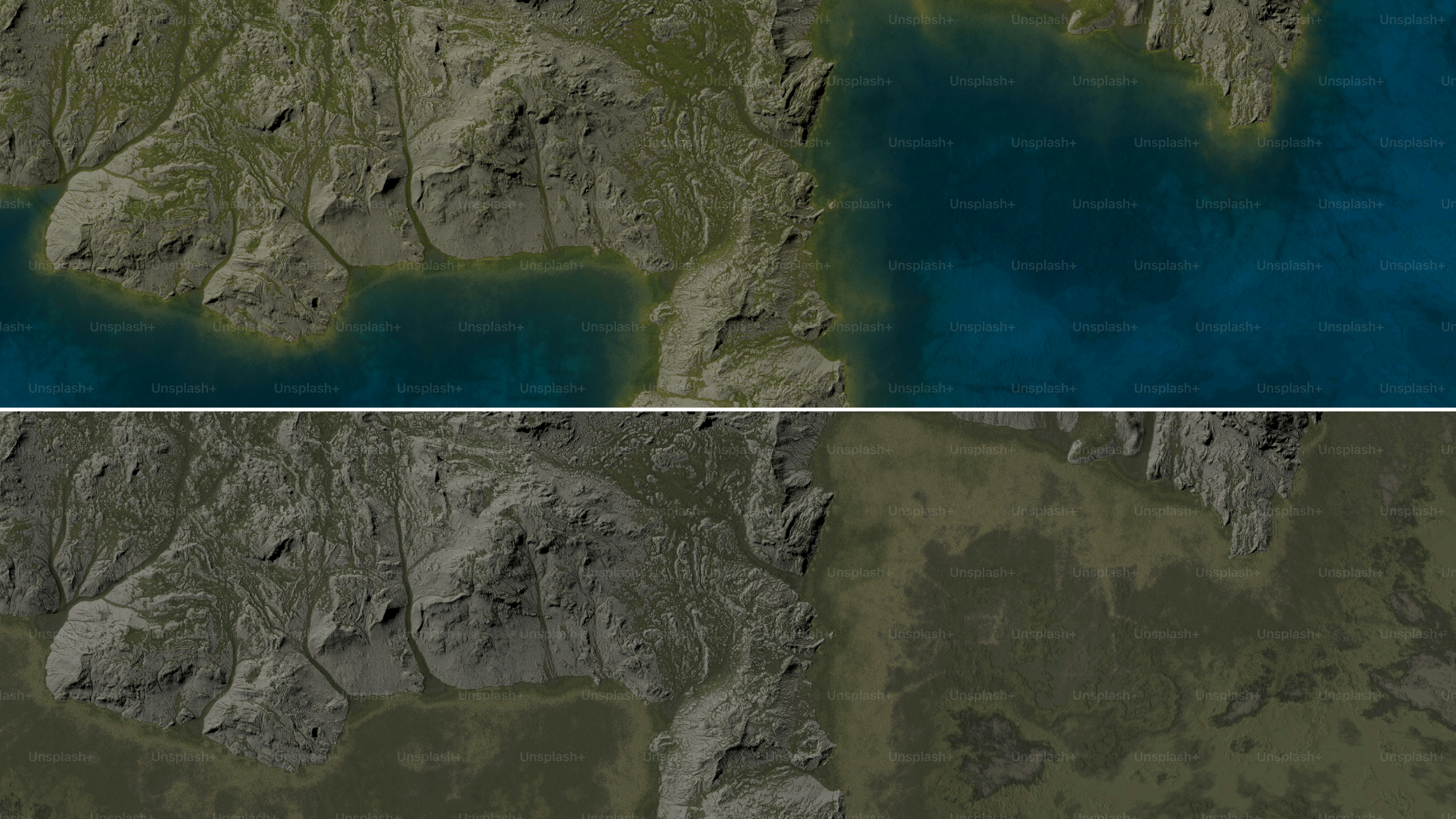 Aerial view of a landscape with water and land masses.